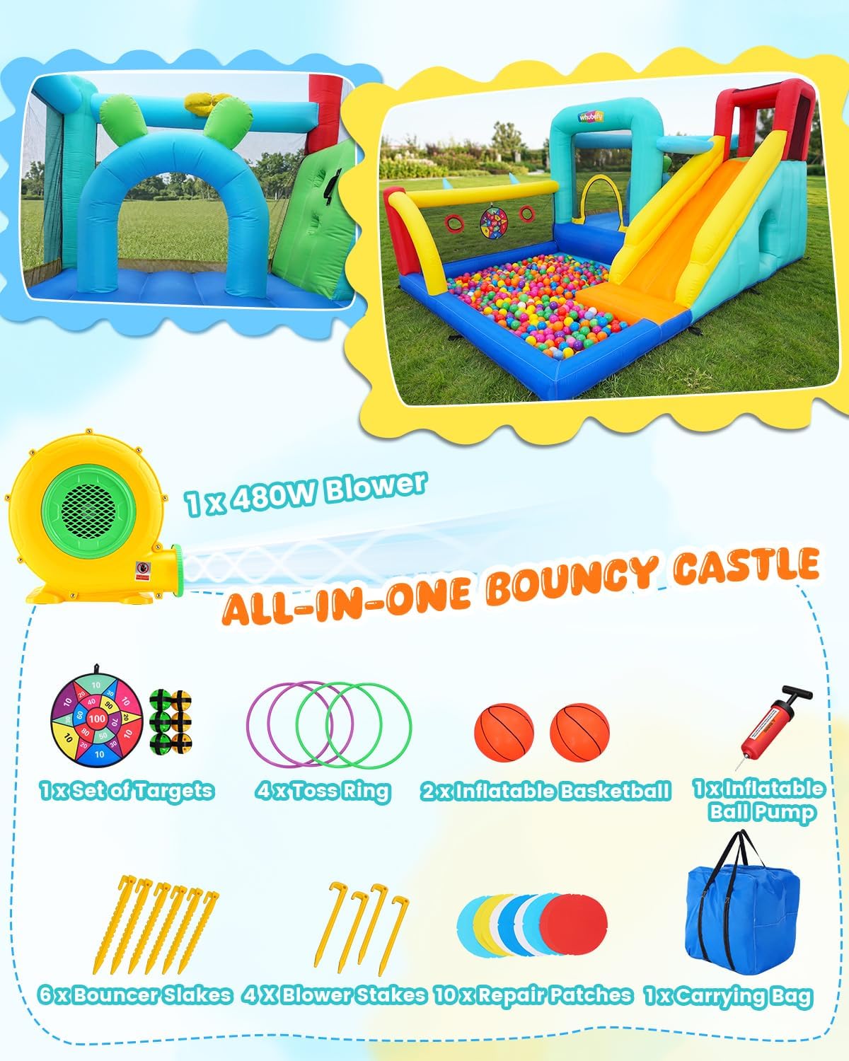 Whubefy 14-in-1 Bounce House for Kids with Ball Pit/Splash Pool, 13x8.9x6.7FT Jump 'n Slide Bouncy Castle w/Center Obstacle/Tunnel/Climbing Wall/Dartboard/Ring Toss/Ball Holes/Hoop for Indoor Outdoor