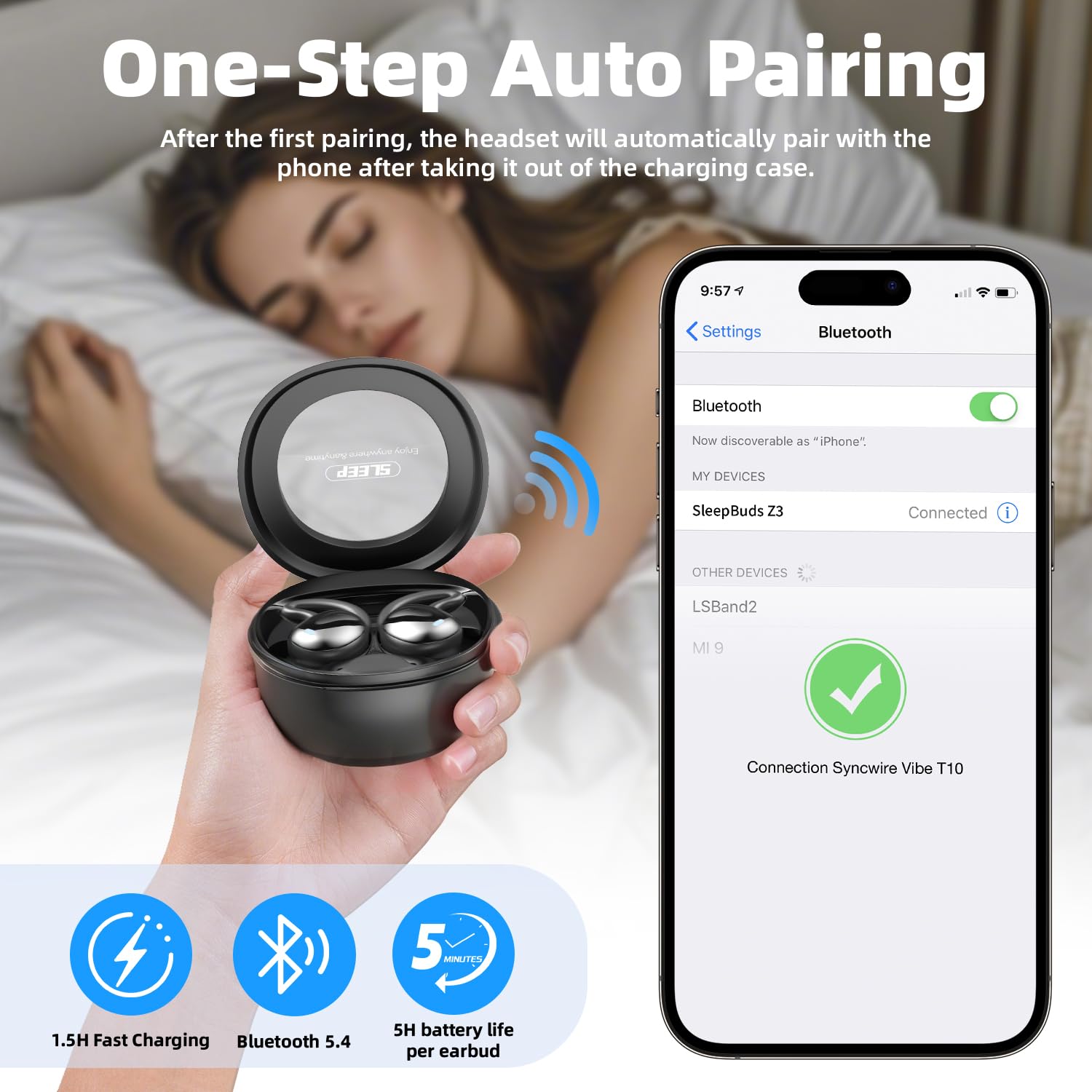 Mykindult Sleep Headphones, Wireless Sleep Earbuds for Side Sleepers, Mini Earbuds for Sleeping, Ultra-Thin Bluetooth 5.4 Headphones, Comfortable Invisible – White