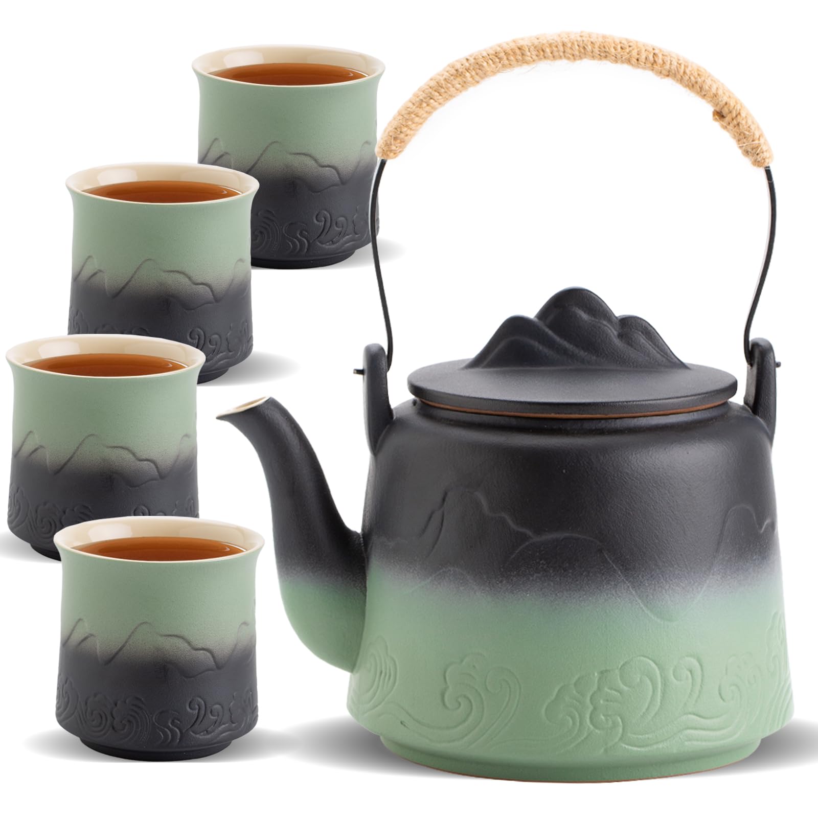 ZENS Vintage Japanese Tea Set with 4 Tea Cups, 33.8 oz Embossed Ceramic Loose Leaf Teapot with Built-in Strainers for Tea Steeper, Hemp Rope Handle Gradient Japanese Tea Pot for Tea Lovers Gifts