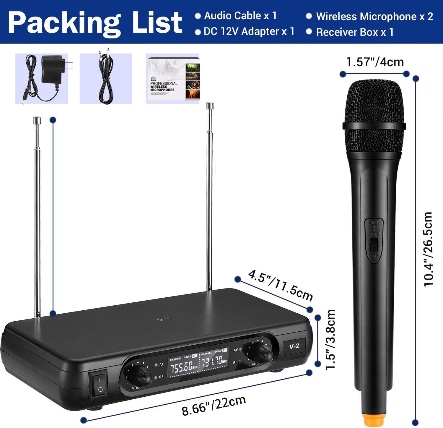 Facmogu V2 Pro Wireless Microphone System, Dual Channel Wireless Handheld Microphone, Easy-to-use Handheld Wireless System with 2 Handheld Mic, Metal Cordless Mic Set for Church Wedding DJ Karaoke