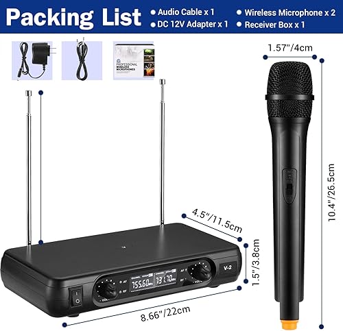Miniatura 7 de Facmogu V2 Pro Sistema de micrófono inalámbrico, micrófono de mano inalámbrico de doble canal, sistema inalámbrico de mano fácil de usar con 2