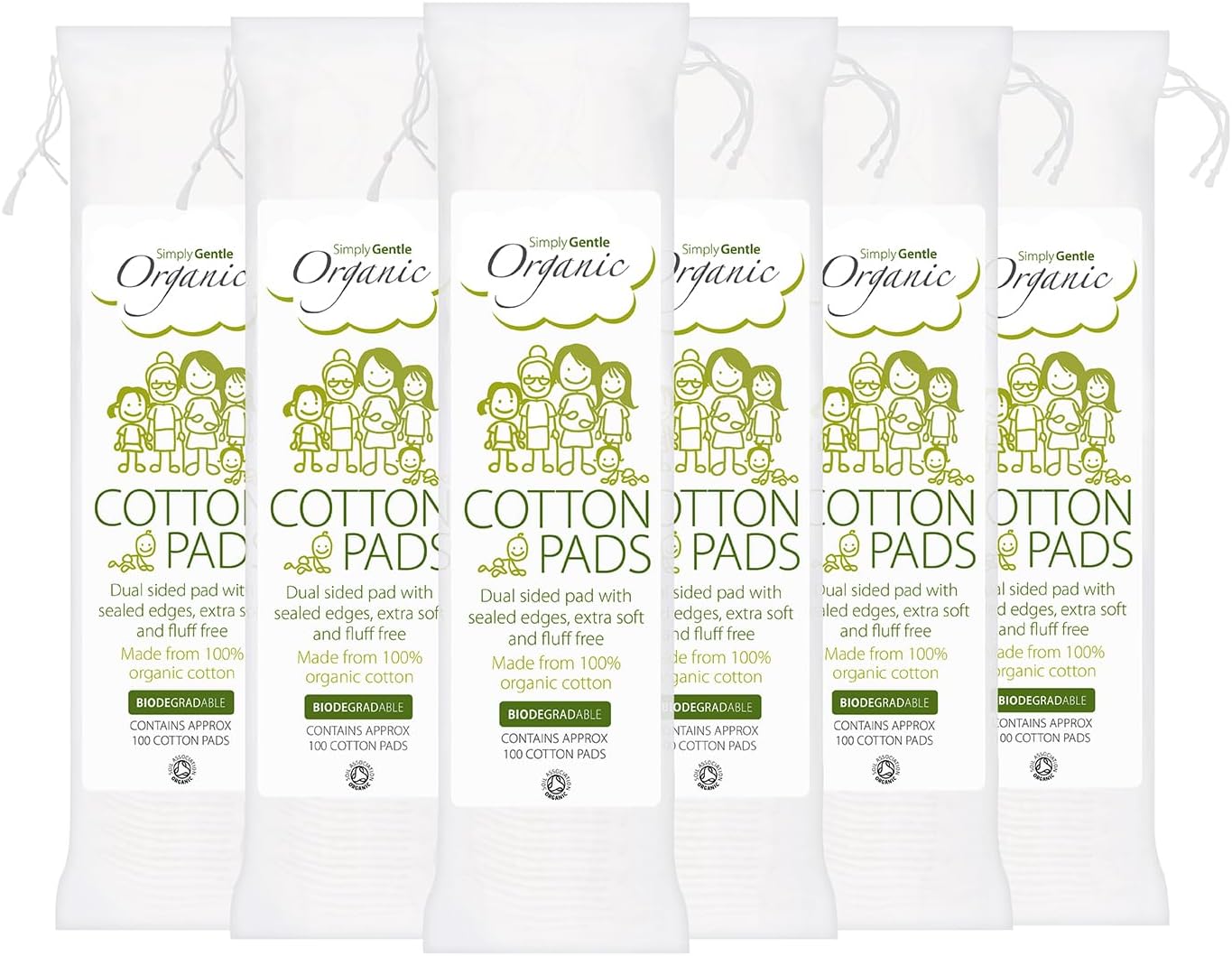 Simply Gentle Organic Cotton Pads - Perfect for Sensitive Skin - Pure Cotton Pads for First Aid - Free from Odours or Irritants - Round Shape, Disposable - 6 Packs of 100 Pads