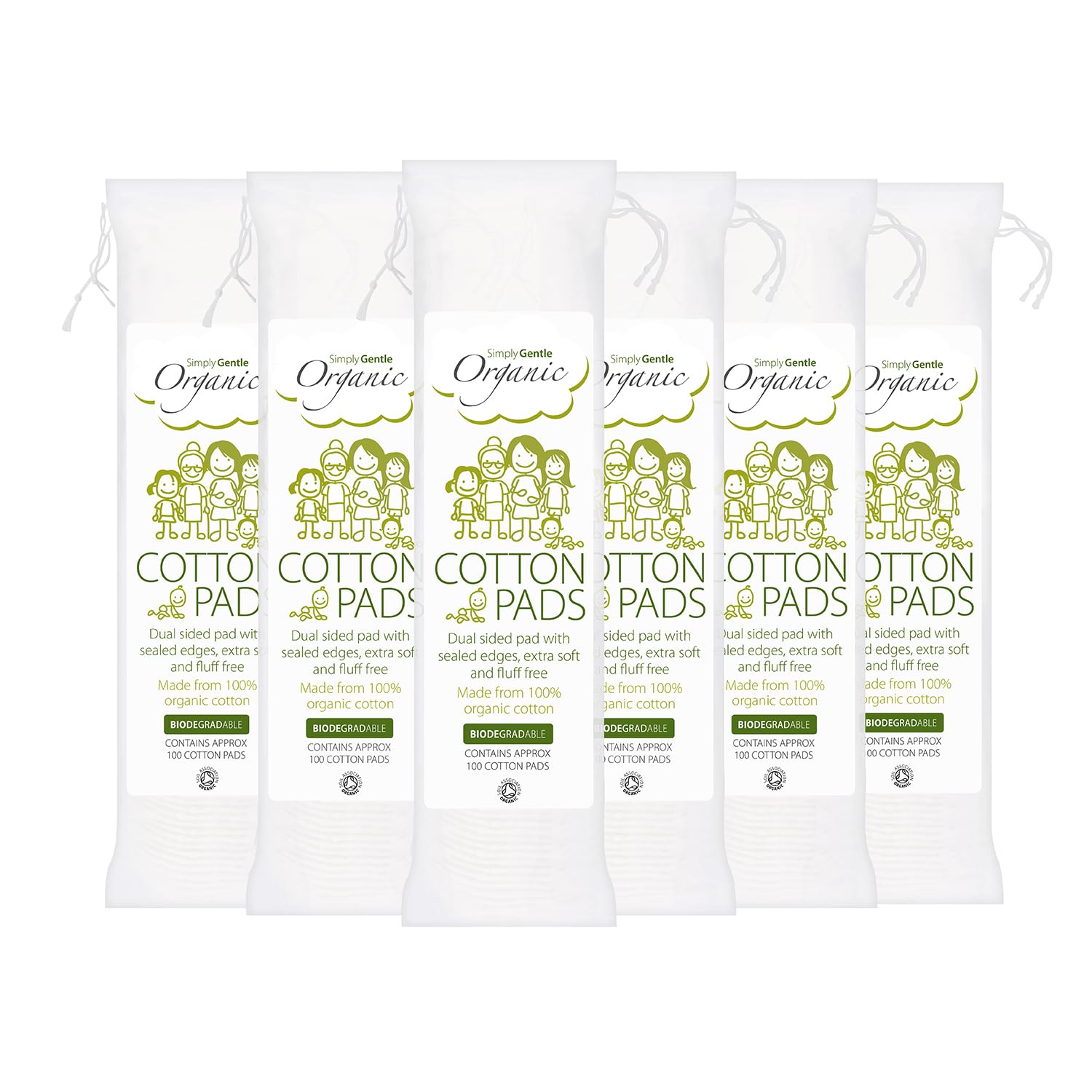Simply Gentle Organic Cotton Pads - Perfect for Sensitive Skin - Pure Cotton Pads for First Aid - Free from Odours or Irritants - Round Shape, Disposable - 6 Packs of 100 Pads