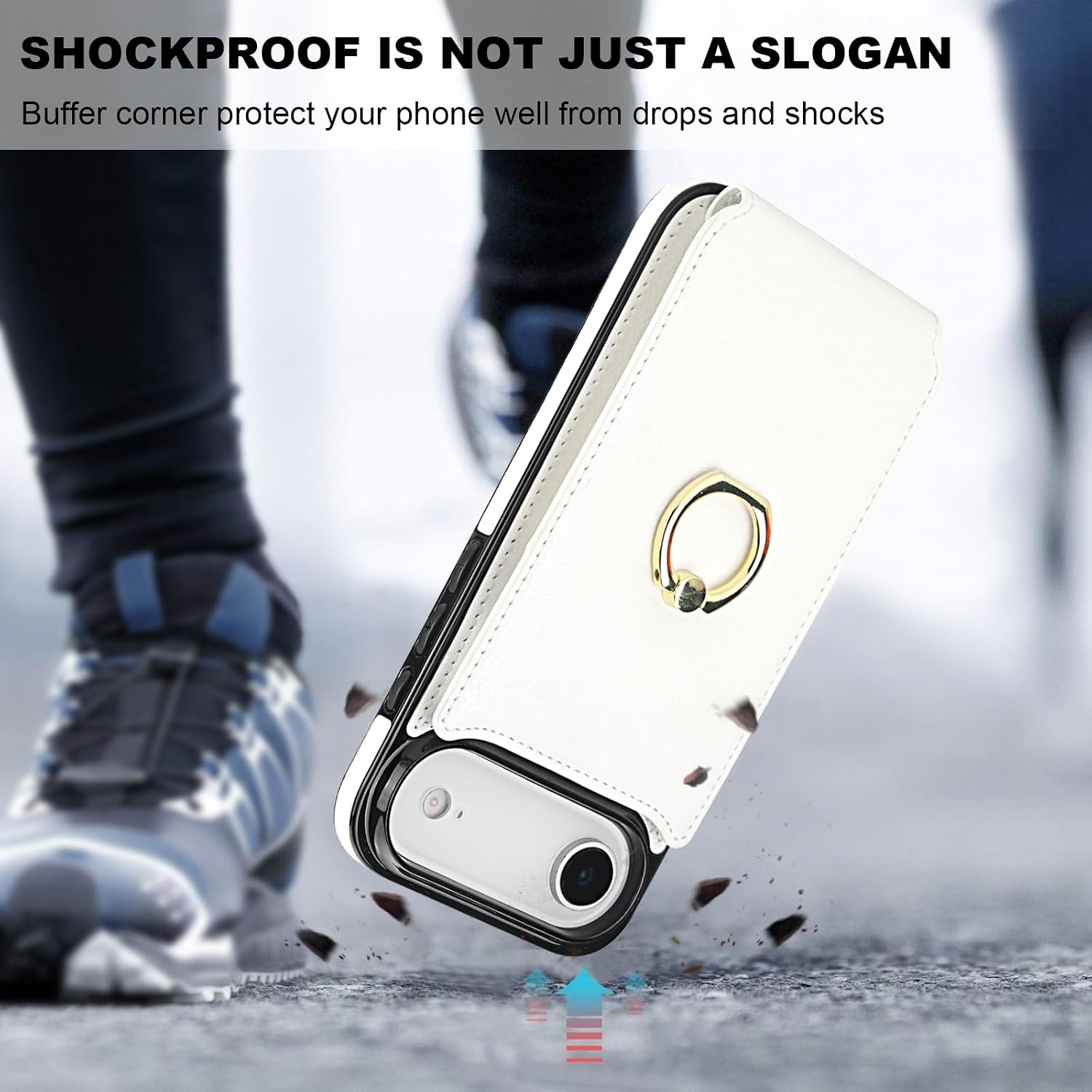 Folosu Compatible with iPhone 17 Air Case Wallet with Card Holder, 360°Rotation Finger Ring Holder Kickstand, RFID Blocking Leather Protective Double Buttons Shockproof Cover 6.5 Inch White