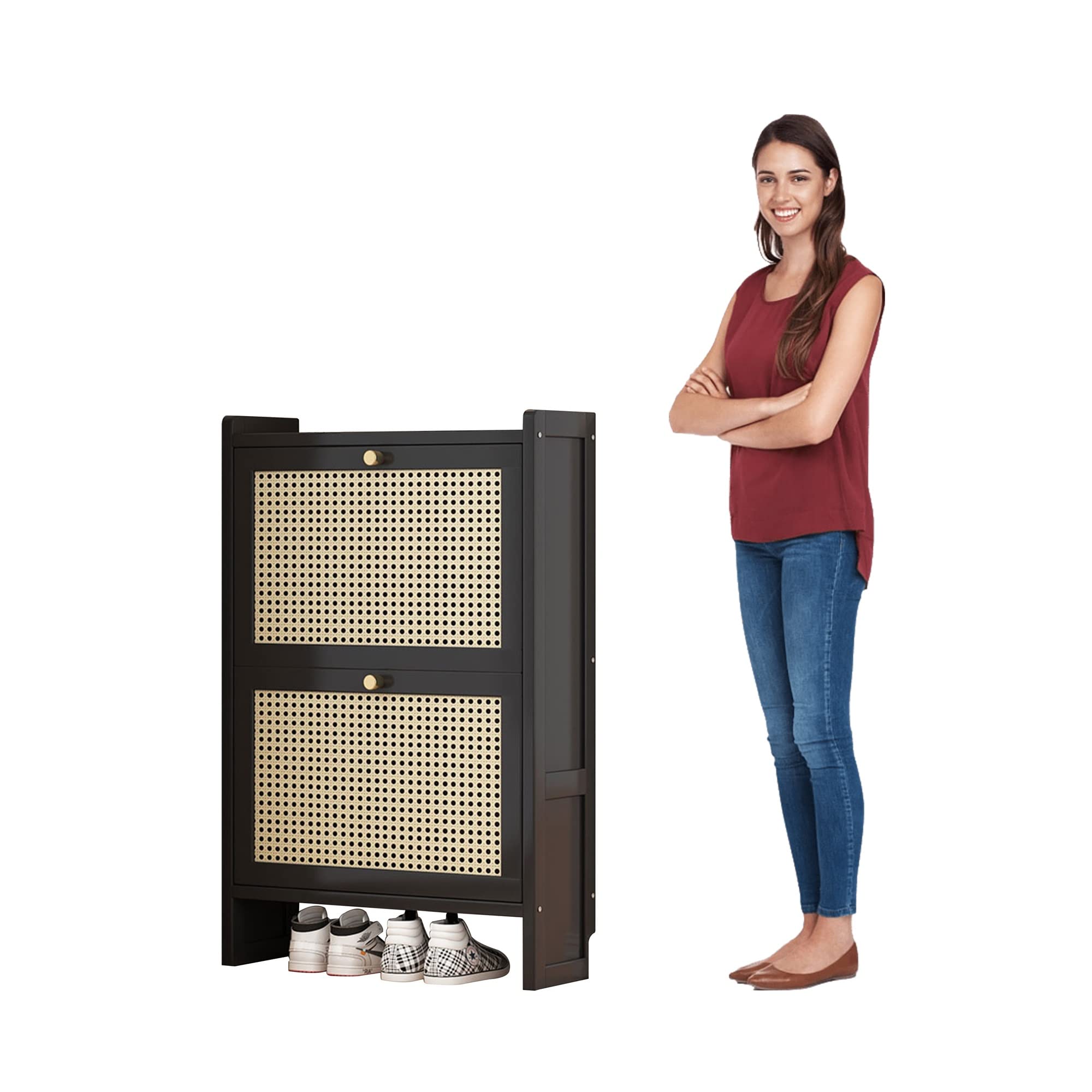 JHLP Wood Shoe Rack Organizer - Slim Shoe Cabinet With Rattan Door For Entryway - Space-Saving Shoe Storage Shelves