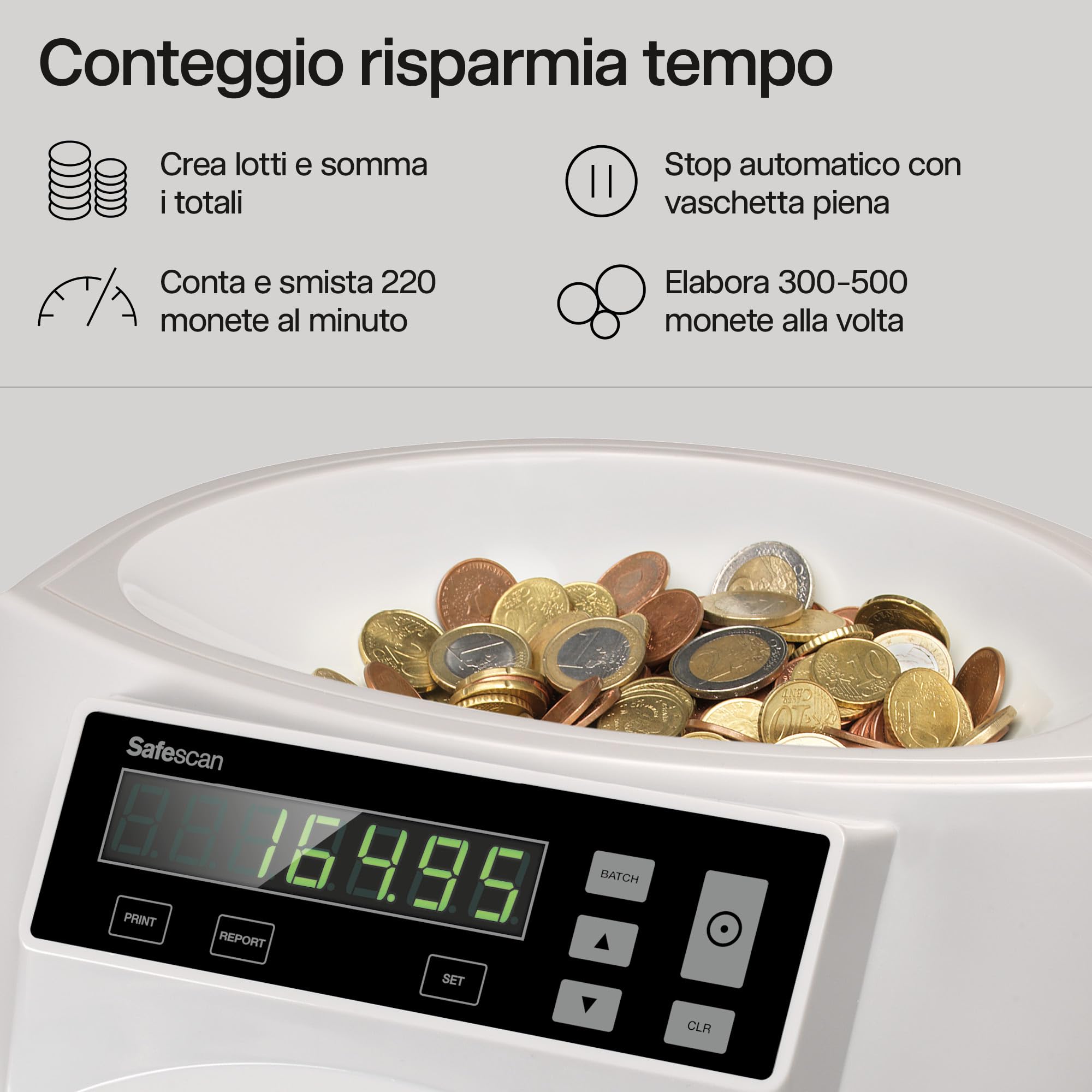 Contamonete Safescan 1250 EUR che conta e smista velocemente le monete euro miste, Contamonete che smista le monete per taglio, Contamonete per il conteggio continuo delle monete