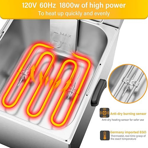 Miniatura 3 de Freidora Eléctrica WaterElfo - Freidora Profunda Comercial de 13L 13.7QT 1800W 120V 5.9Kg con Control de Temperatura y Temporizador Freidora Grande