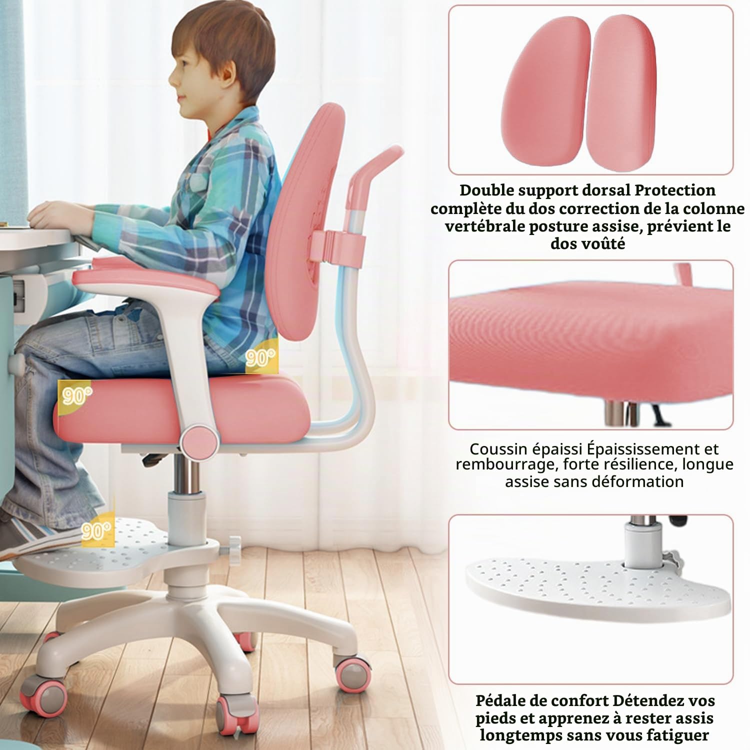 Chaise de bureau pour enfant - Réglable en hauteur avec accoudoirs pivotants à 90 ° et repose-pieds - Chaise pivotante ergonomique pour fille et garçon - Chaise d'apprentissage confortable pour