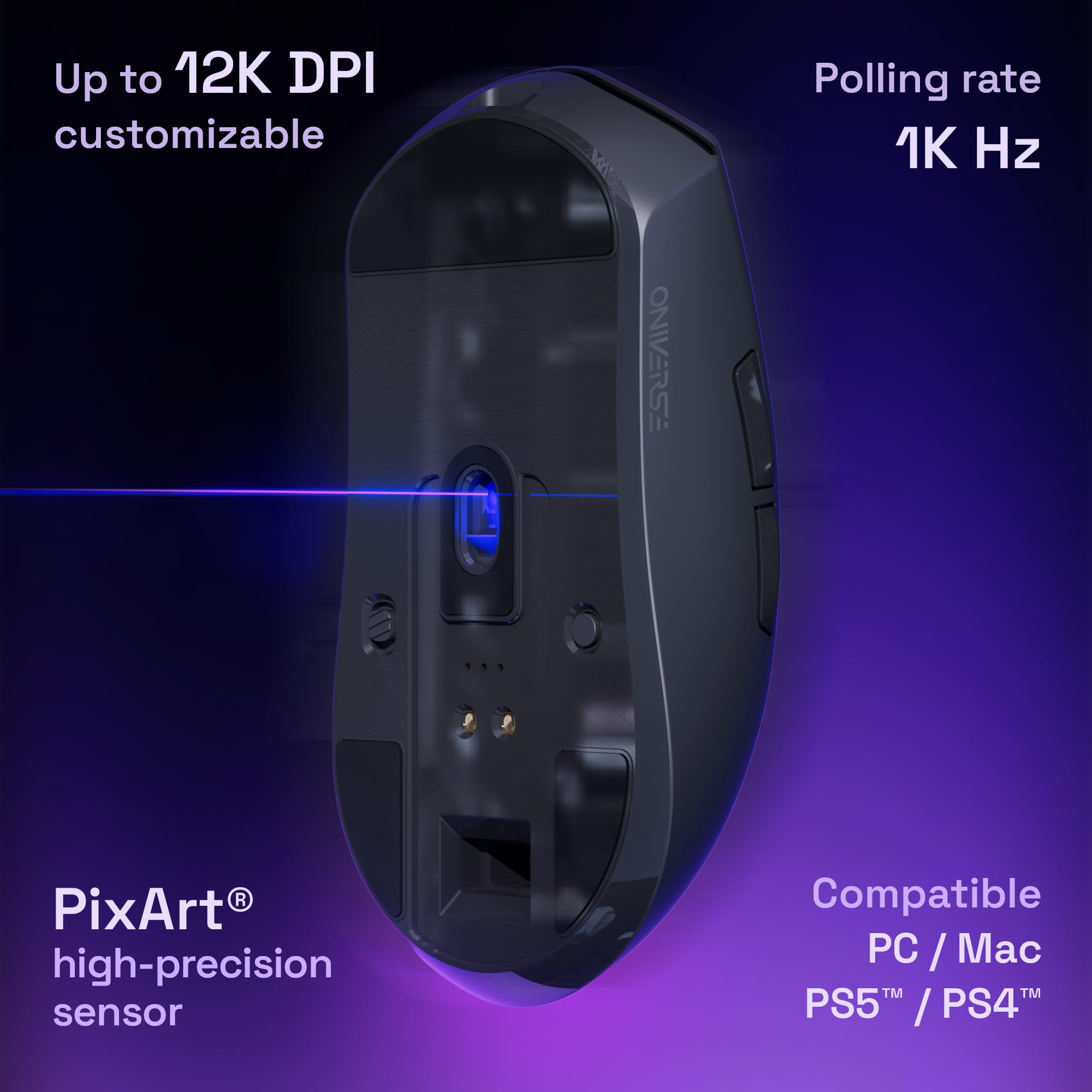 Mouse gamer wireless con dock di ricarica - Sensore PixArt 12.000 DPI, 3 modalità di connessione (2.4G/Bluetooth/cablato), display integrato, Polling rate 1000 Hz, per PC/Mac/PS5/PS4
