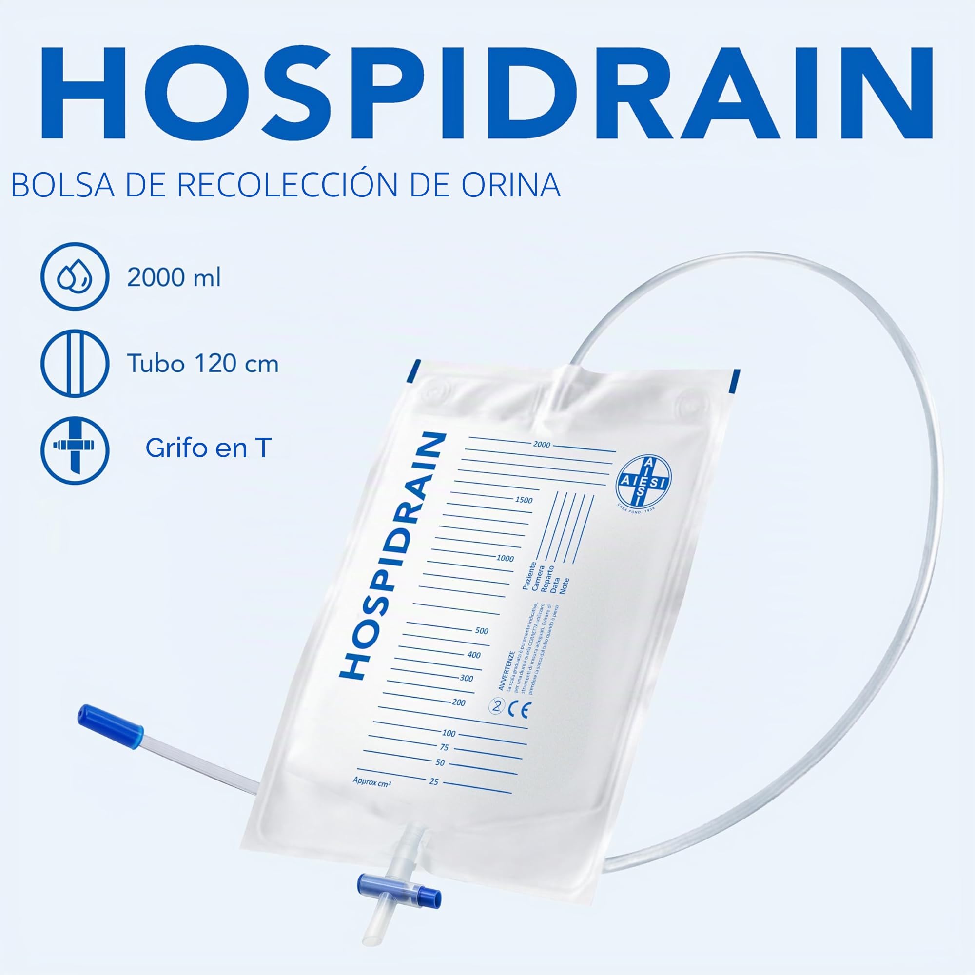 AIESI® Bolsas de orina de 2 litros tubo 120 cm con grifo de descarga cruzado (T) y válvula antirreflujo HOSPIDRAIN (Paquete de 25 piezas)