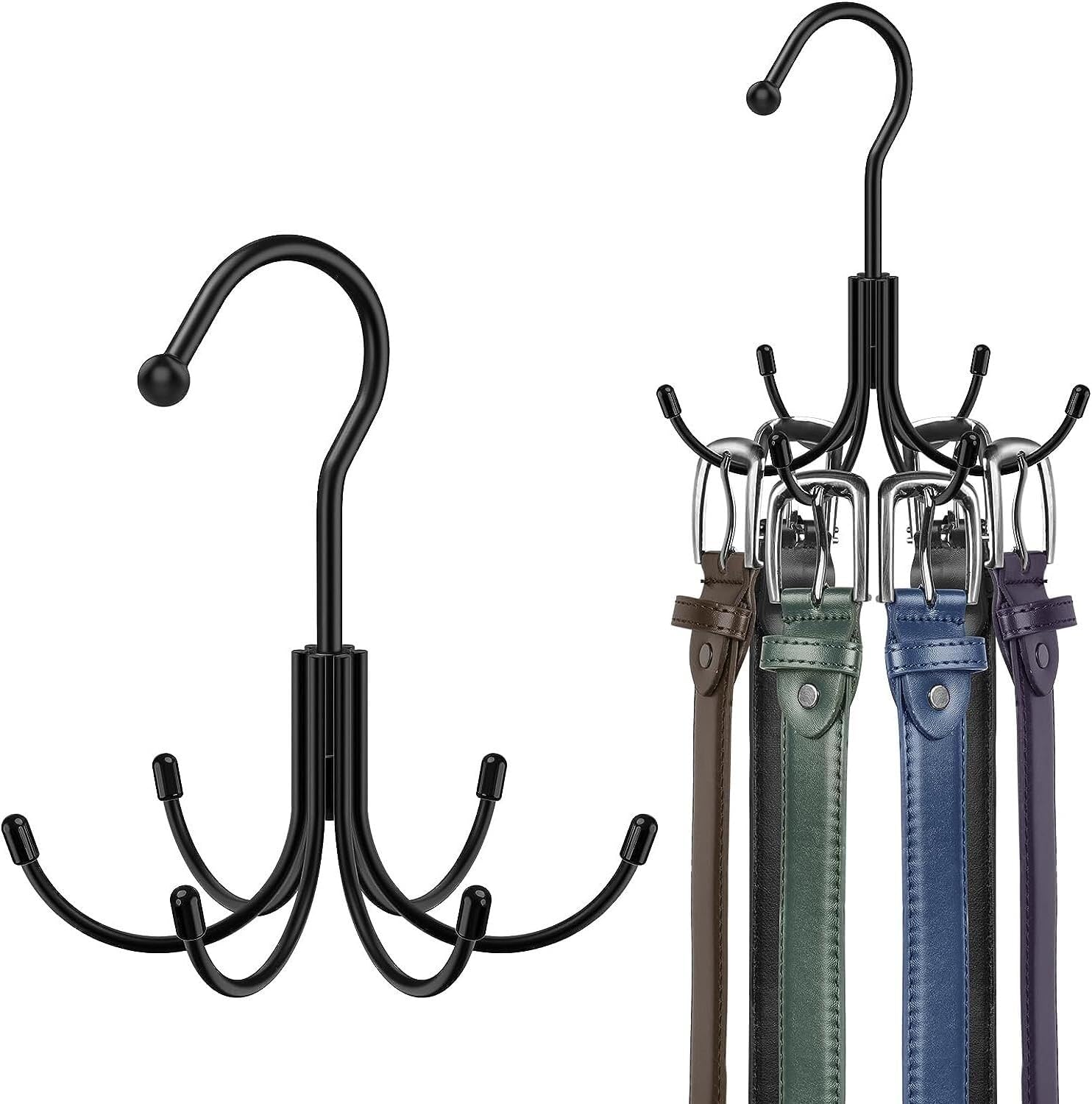 Belt Hanger Tie Organizer for Closet - Metal Belt Rack for Closet with 6 Hooks 360 Degree Rotatable Rustproof Belt Hook for Hanging Belt, Ties, Tank Top, Bra, Scarves, Hats Silver D0D3025(Black,B)