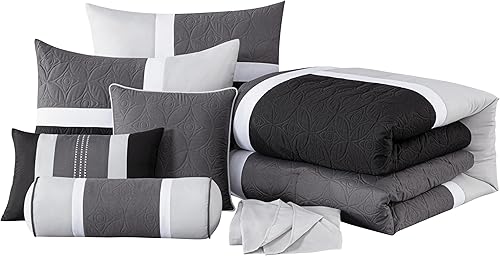 Vista 70 de Chezmoi Collection Upland - Juego de edredón acolchado de retales, 7 piezas, morado/negro/gris, tamaño matrimonial Púrpura/Negro/Gris