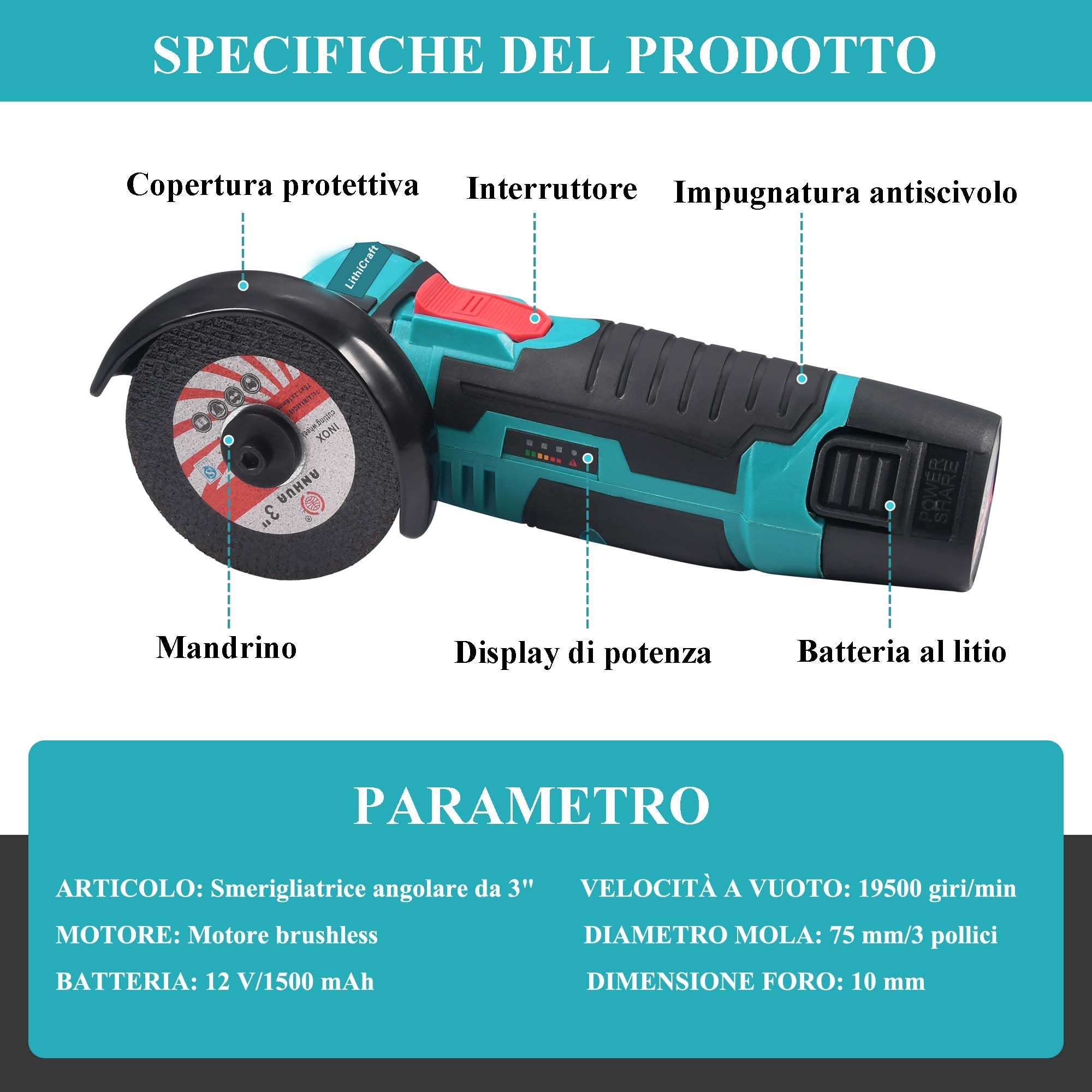 Mini Smerigliatrice Angolare a Batteria 12V, 76mm Motore Brushless 19500 Giri/min, Con 2 Batterie e 8 Dischi, Utensile da Taglio Elettrico per Metallo, Legno e Piastrelle