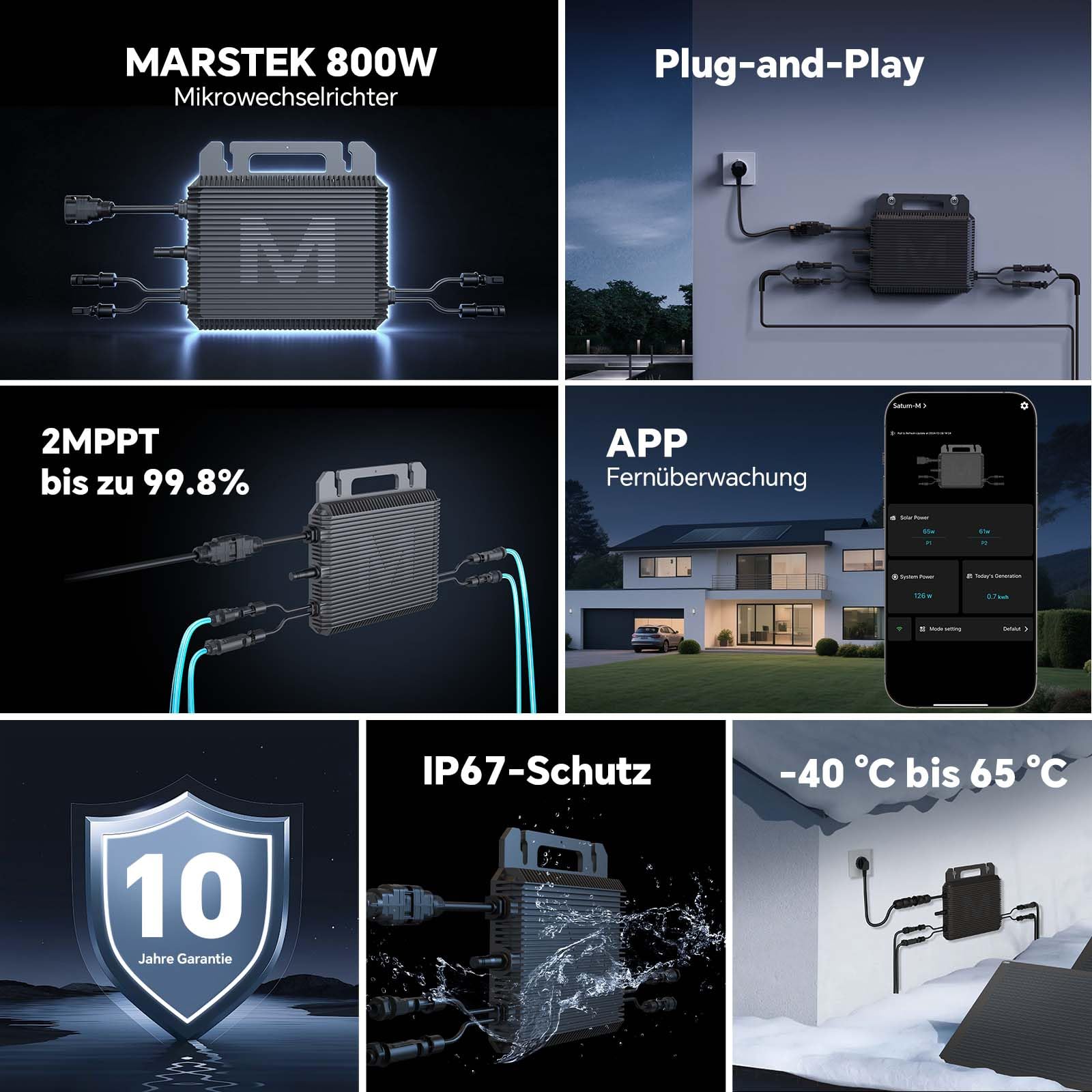Marstek Mikro-Wechselrichter 800W (Upgrade 2026), Mikrowechselrichter für Balkonkraftwerk, 2MPPT, 0% MwSt, IP-67, WiFi, App-Steuerung, Plug & Play, für Photovoltaik-Module