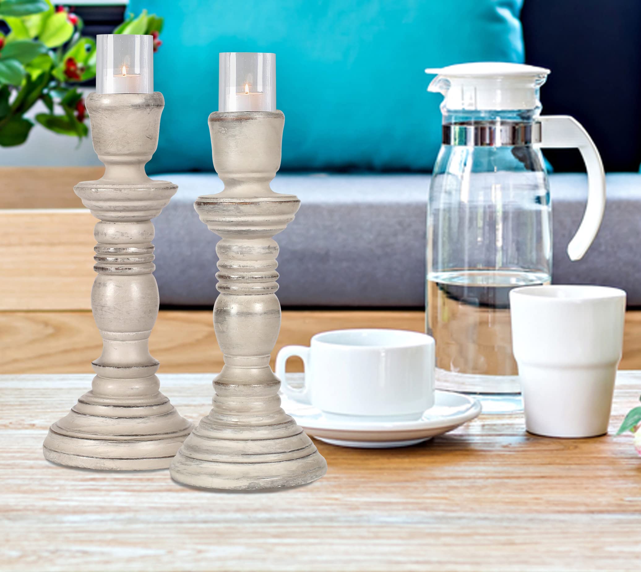 Wooden Candlestick Holder Stand, Decorate Your Dinner Table, Christmas Decoration, Coffee Table, Wedding Party, Family Gatherings, Home, Spa, Decorative Candle Holder - 8 Inch Set of 2 - White Antique 1