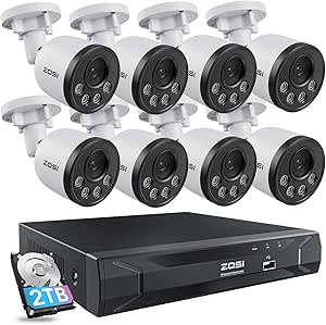 ZOSI 5MP 8CH PoE Security Camera System with Audio,H.265+ 5MP 8 Channel NVR with 2TB HDD,8pcs Weatherproof PoE IP Cameras Outdoor Indoor,Human Detection,100ft Night Vision,for Home 24-7 Recording asin的图片