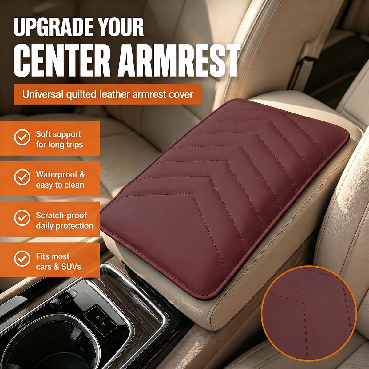 Car Center Console Cushion Pad, Leather Comfortable Automotive Armrest Box Pad Protector, Universal Water-Resistant Vehicle Interior Middle Console Cover Decoration for Most Cars(Burgundy) image 3