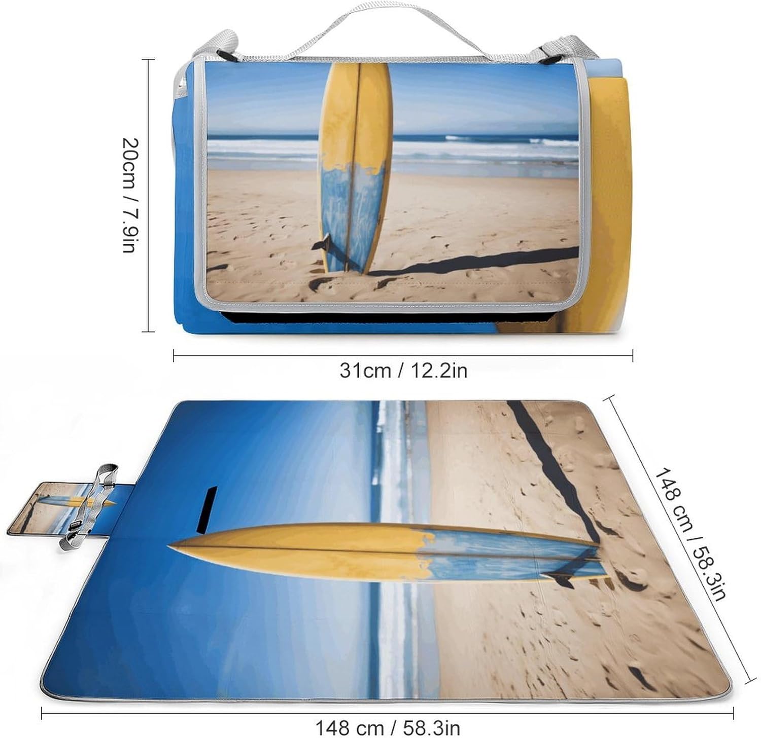 Beach Surfboard Waterproof Picnic Blanket 58.3''x58.3'',Portable and Foldable Picnic Mat with Handle,Outdoor Blankets for Lawn Park Beach Travel