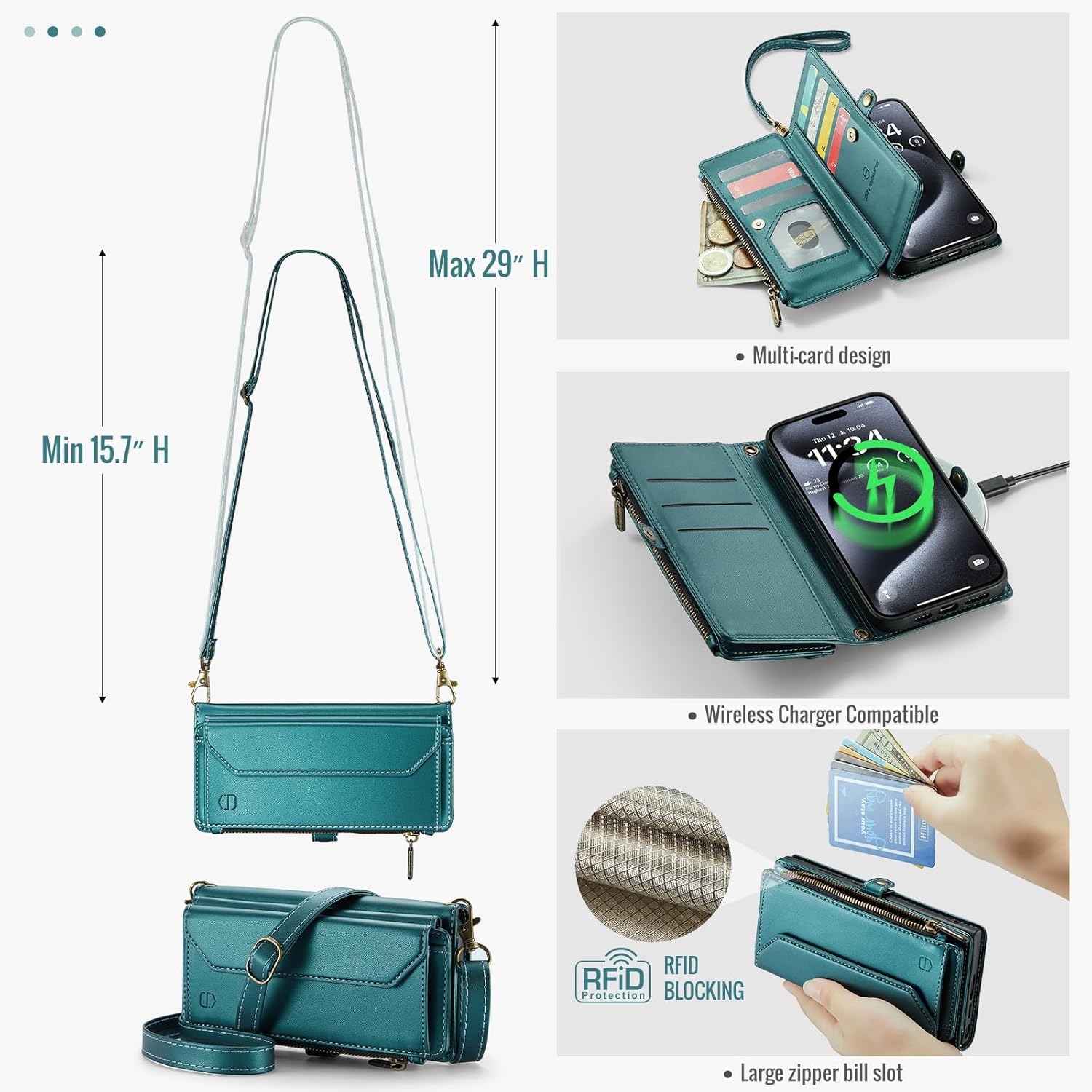 Wallet Case Compatible with iPhone 15 Pro Max RFID Blocking 10-Card Holder Soft PU Leather Magnetic Snap Shoulder Strap Zipper Pocket Phone Case Fit for iPhone 15 Pro Max 6.7" - Blue Green - Image 8