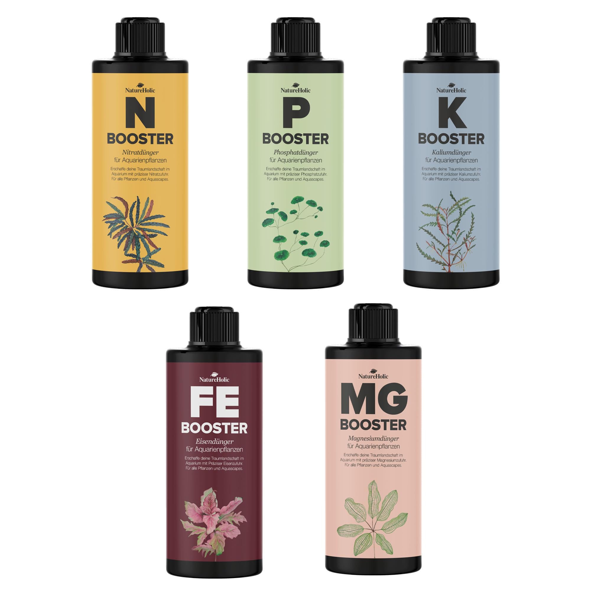 NatureHolic Dünger Profi-Set - Aquarium Flüssigdünger | All-in-One-Lösung für prächtige Pflanzen | Komplettdünger, Nichts weiter nötig! | 5X 500ml