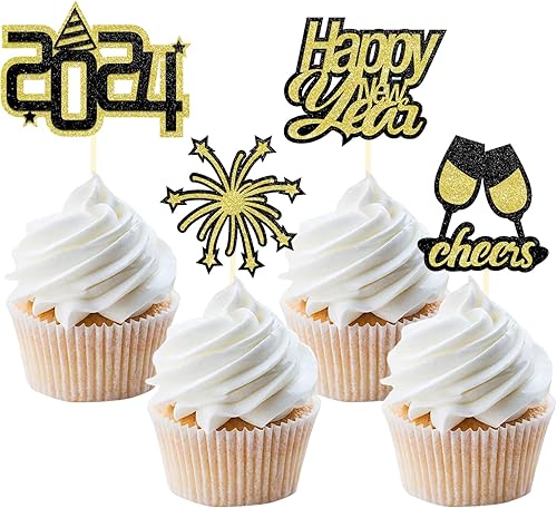 24 adornos para cupcakes con purpurina para Año Nuevo, decoración para tartas de Año Nuevo 2024 para Año Nuevo, suministros de decoración de fiesta