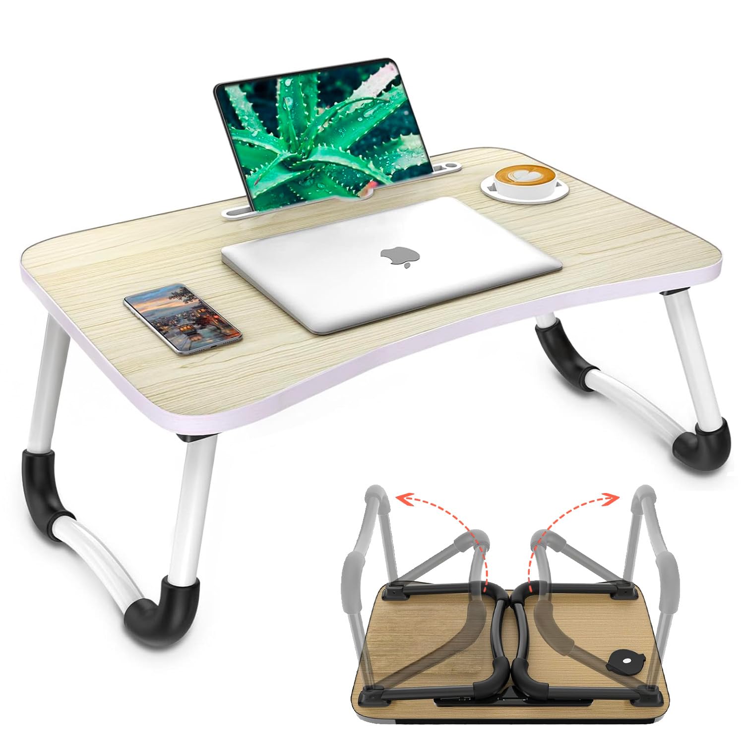Avilia Tavolino da Letto Pieghevole 60×40 cm – Vassoio da Letto con Leggio Tablet e Porta Bicchiere, Scrivania Portatile Laptop per Smart Working, Colazione a Letto e Divano, Salvaspazio