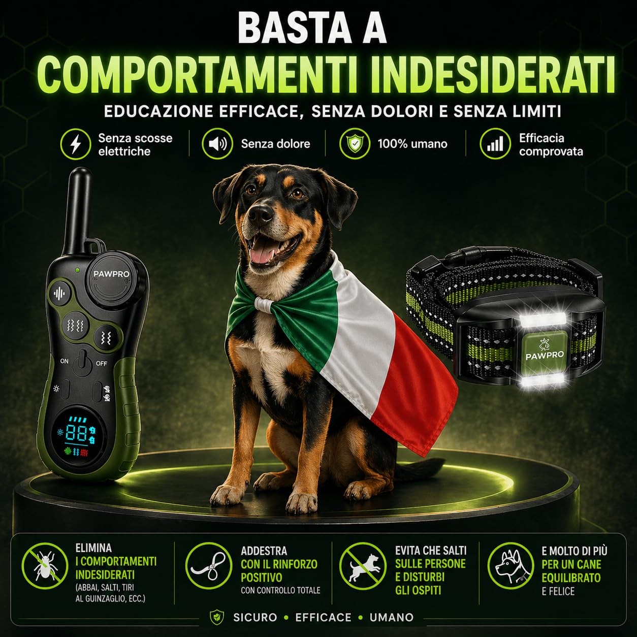 PAWPRO Collare di Addestramento, Conforme Nuova Legge Italiana Benessere Animale, Portata XXL 3 km, Modalità Luce Notturna, BIP Vibrazione Potenziata, Adatto Tutti Cani, Impermeabile (1 Collare)