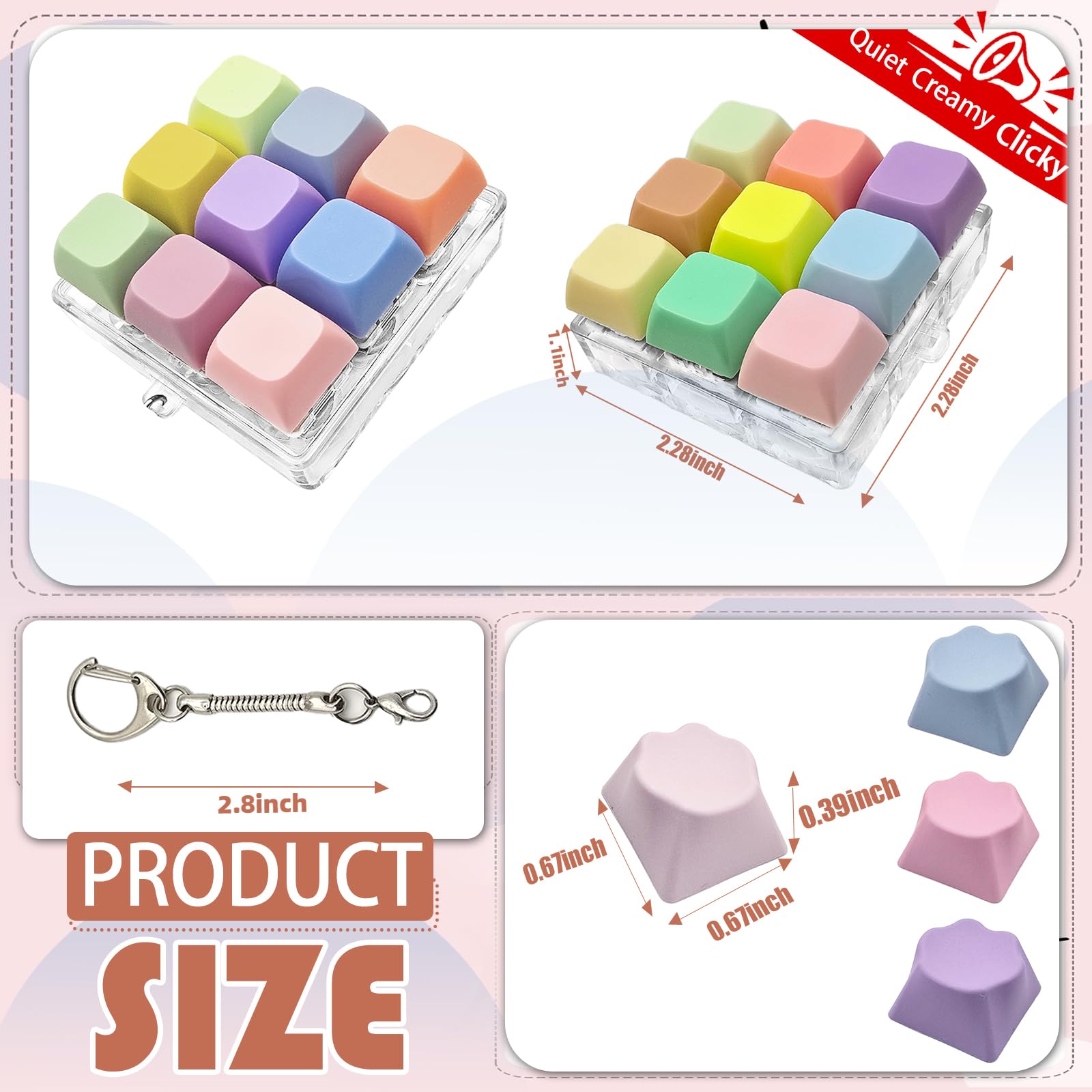 Zabawka Fidget z klawiaturą 9 w 1 w pudełku prezentowym – klikalny, kremowy i cichy brelok do kluczy, 75 kolorowych zdejmowanych klawiszy z kocią łapą, cichy przycisk Fidget dla dorosłych, spokojny