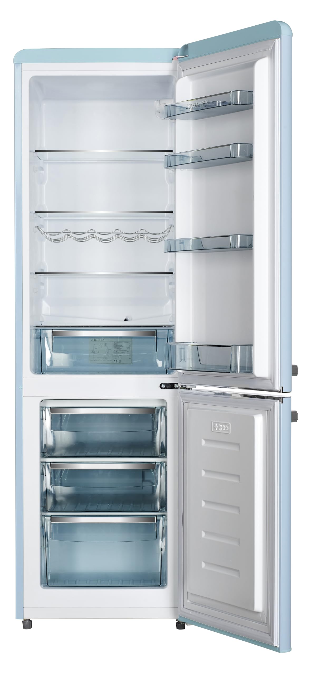 Wolkenstein KG250.4RT LB Retro Kühl-Gefrier-Kombination | Hellblau | 249 Liter Nutzinhalt | 4 Sterne 69 Liter Gefrierfach | Nur 41 dB | LED-Beleuchtung | Silber Applikation | Freistehend