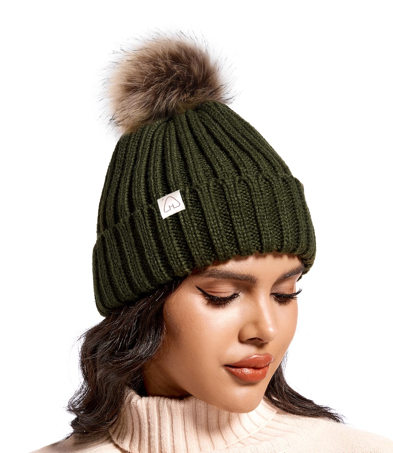 Hat Hut Winter Hats for Women Satin Lined Beanie Hats for Women Ladies Bobble Hat Warm Winter Cap Pom Pom Beanie (A6-Olive Green)