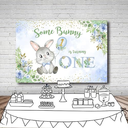 Miniatura 4 de MEHOFOND Conejito de niño un telón de fondo para fiesta de cumpleaños, primavera, Pascua, azul, floral, conejo, plateado, Some Bunny is Turning One,