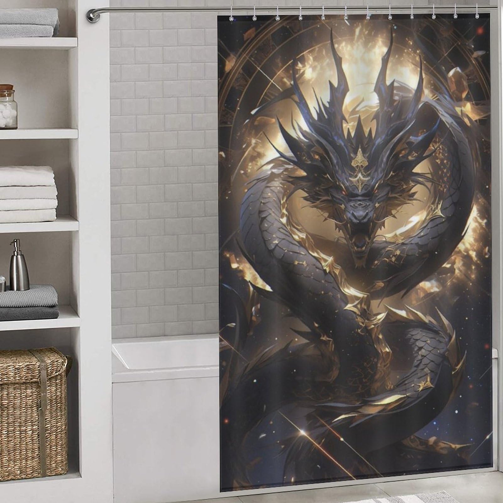 Rideau de douche dragon tissu lavable séchage rapide pour baignoire