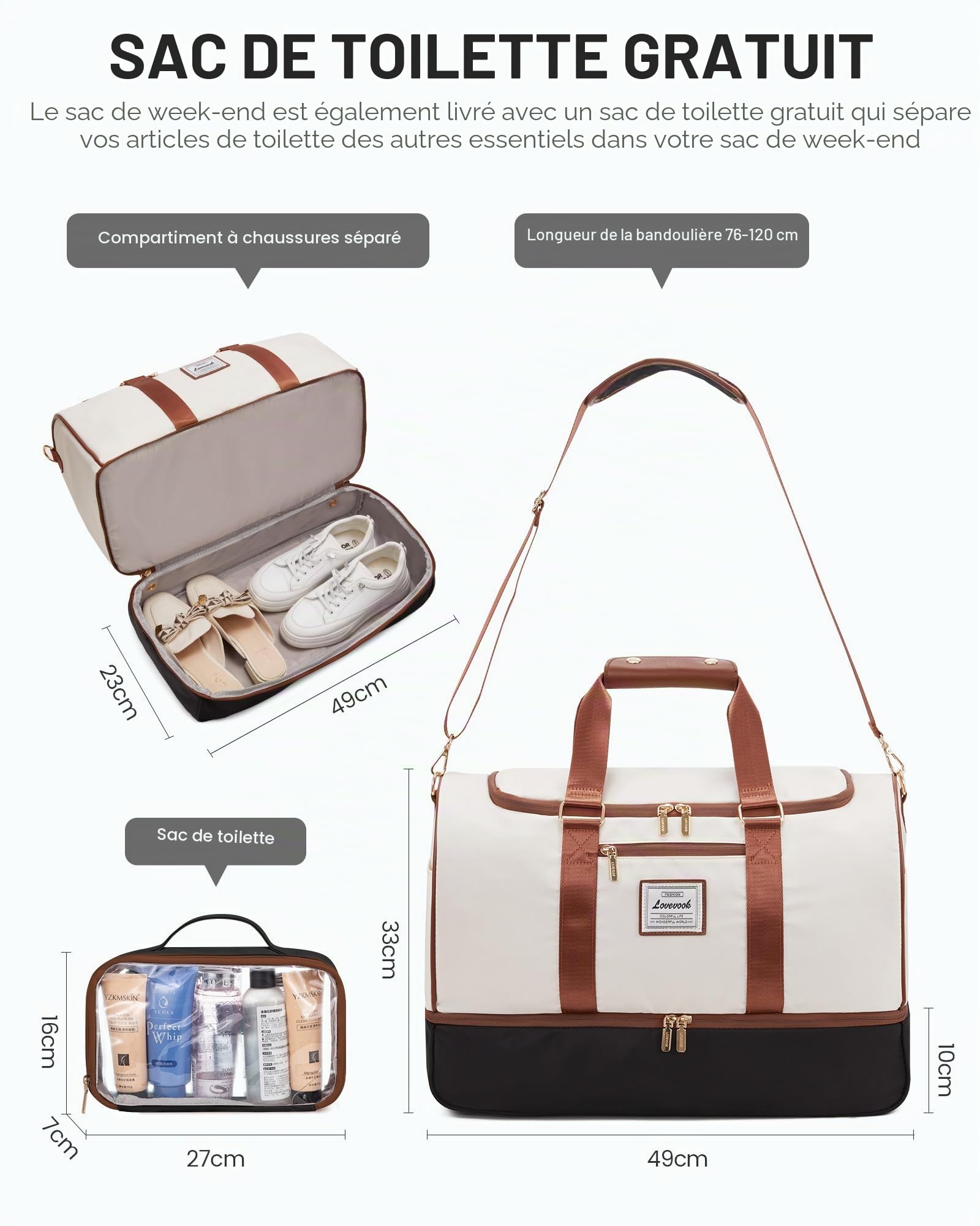 LOVEVOOK Sac de voyage pour femme - Sac de voyage Weekender - Avec trousse de toilette, compartiment à chaussures et compartiment humide - Étanche - Pour sport, vacances, avion, Beige/noir/marron, m