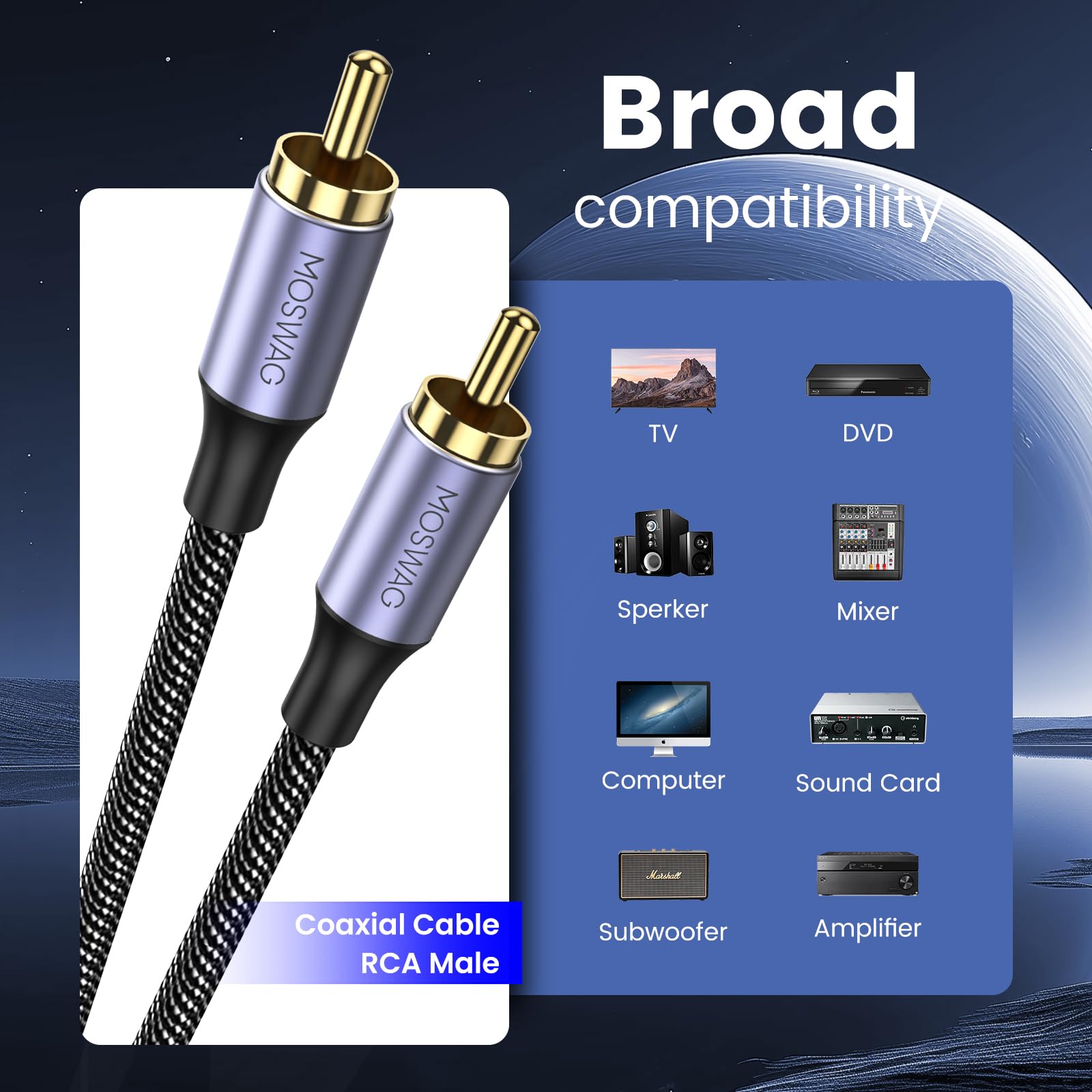 MOSWAG RCA Coaxial Audio RCA Male-RCA Male Coaxial AVCable 24K Plated Nylon Knitting,Suitable for Home Theaters Audio Systems - Image 2