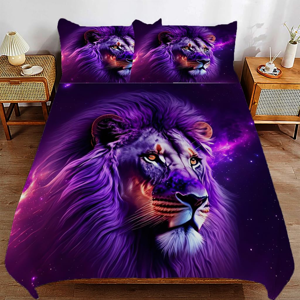 ZHDEDSP Bedding Purple Lion Themed King Duvet Cover Set with Pillow Cases, 220 x 230 cm