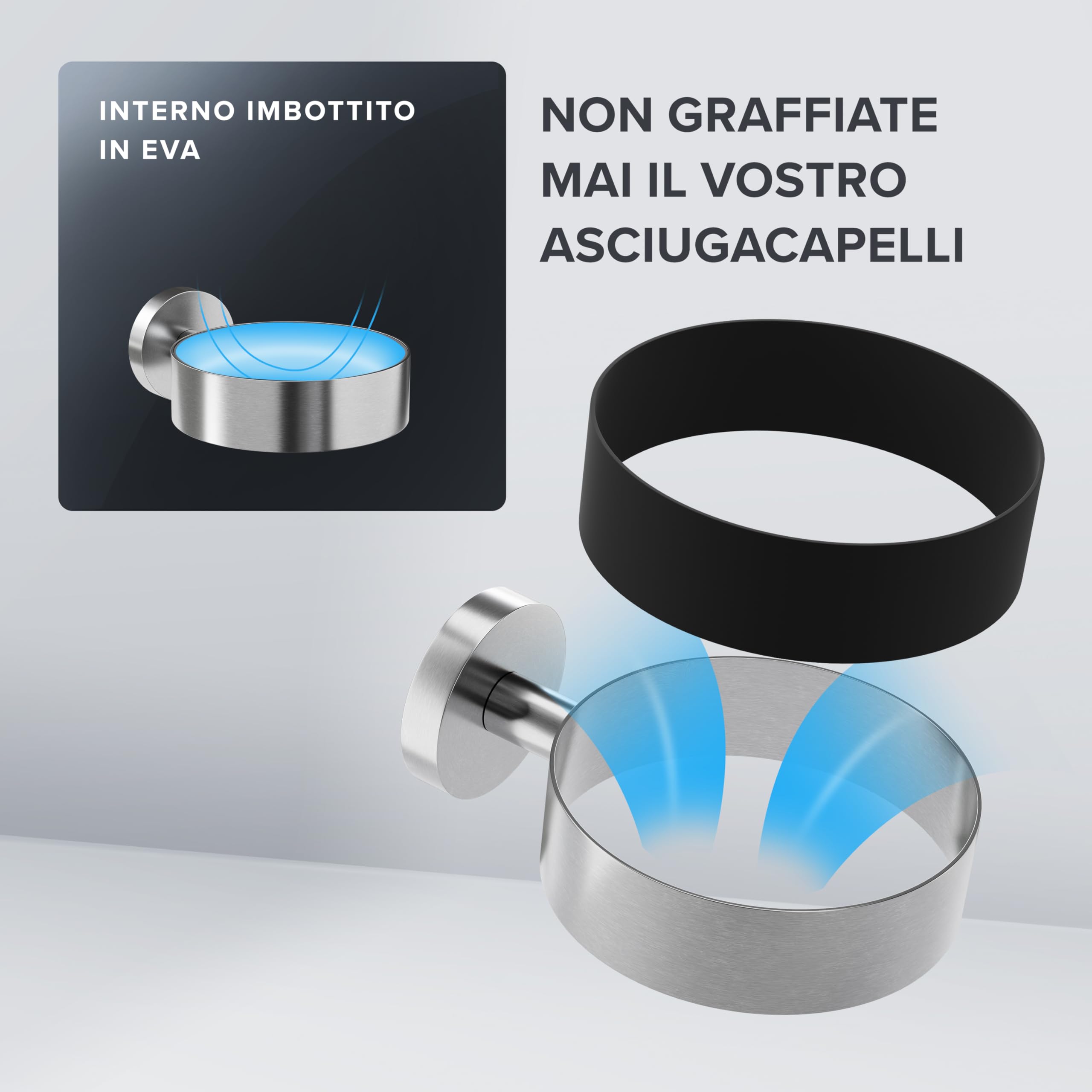 ovimar Porta asciugacapelli Ronne | Acciaio Inox | Argento | con Fissaggio a Parete per Foratura | con Imbottitura per asciugacapelli | per Foratura | Porta asciugacapelli in Bagno