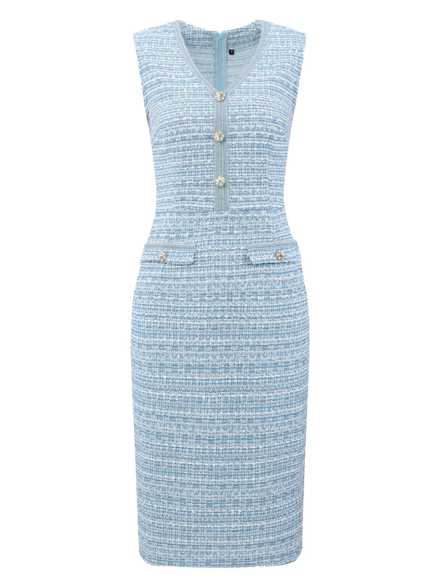 Womens Tweed Dress Sleeveless V Neck Elegant Work Bodycon Pencil Dresses