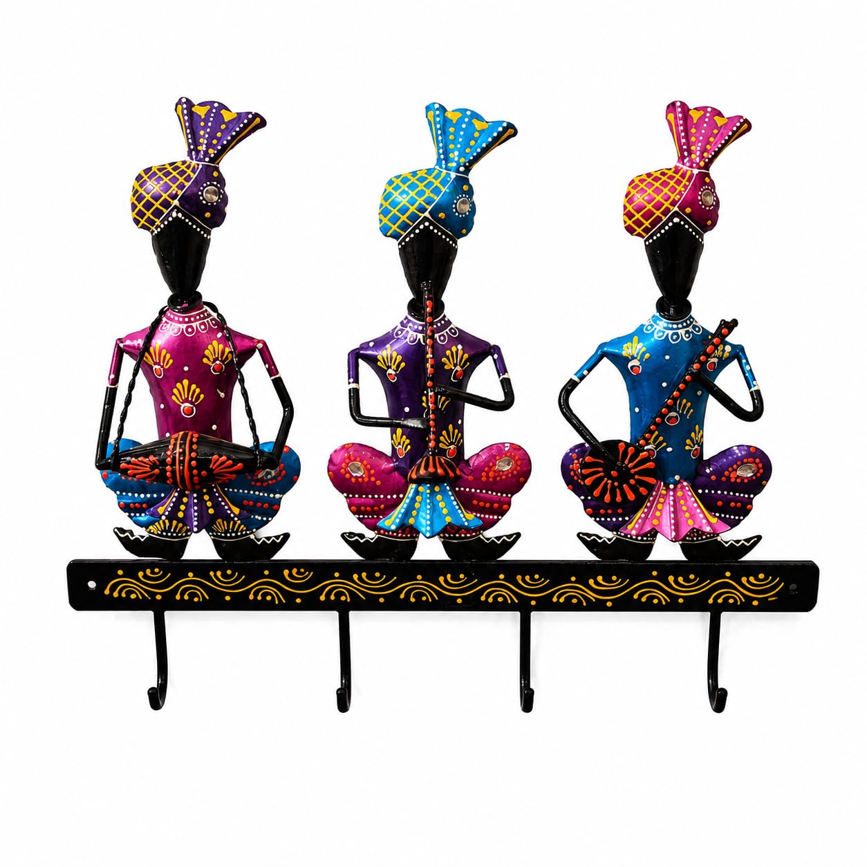 Handcrafted Metal Wall Key Holder with Rajasthani Musician Art | Decorative 4 Hooks Key Hanger for Home Entrance Living Room Wall Décor | Colorful Traditional Folk Art Key Stand-image-28