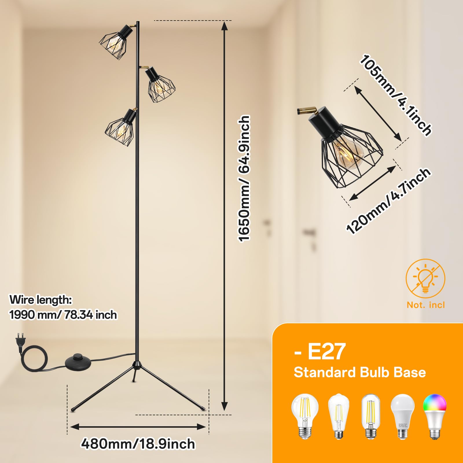 Lámpara de Pie Salón LED Modernas Lámpara de Pie Lectura Industriales Regulables Negra E27 Lámpara de Pie Vintage con 3 Luces y Trípode Lámpara de Pie Alta para Sala de Estar y Dormitorio
