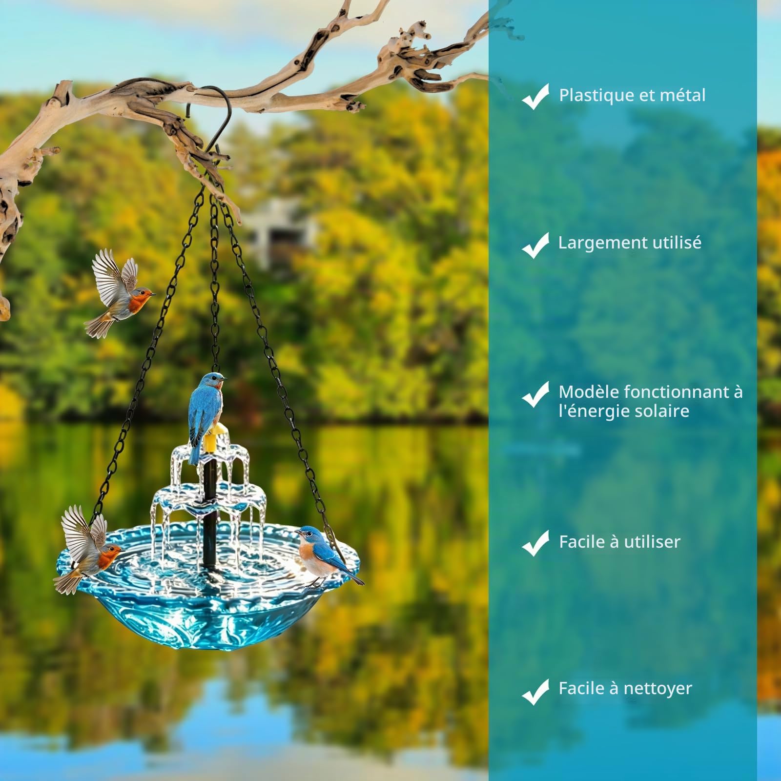 2026 Nouveau bain d'oiseaux solaire avec fontaine à suspendre, bain d'oiseaux pour l'extérieur à suspendre, grands bains d'oiseaux avec fontaine pour colibris, avec pompe solaire et bol en verre, pour