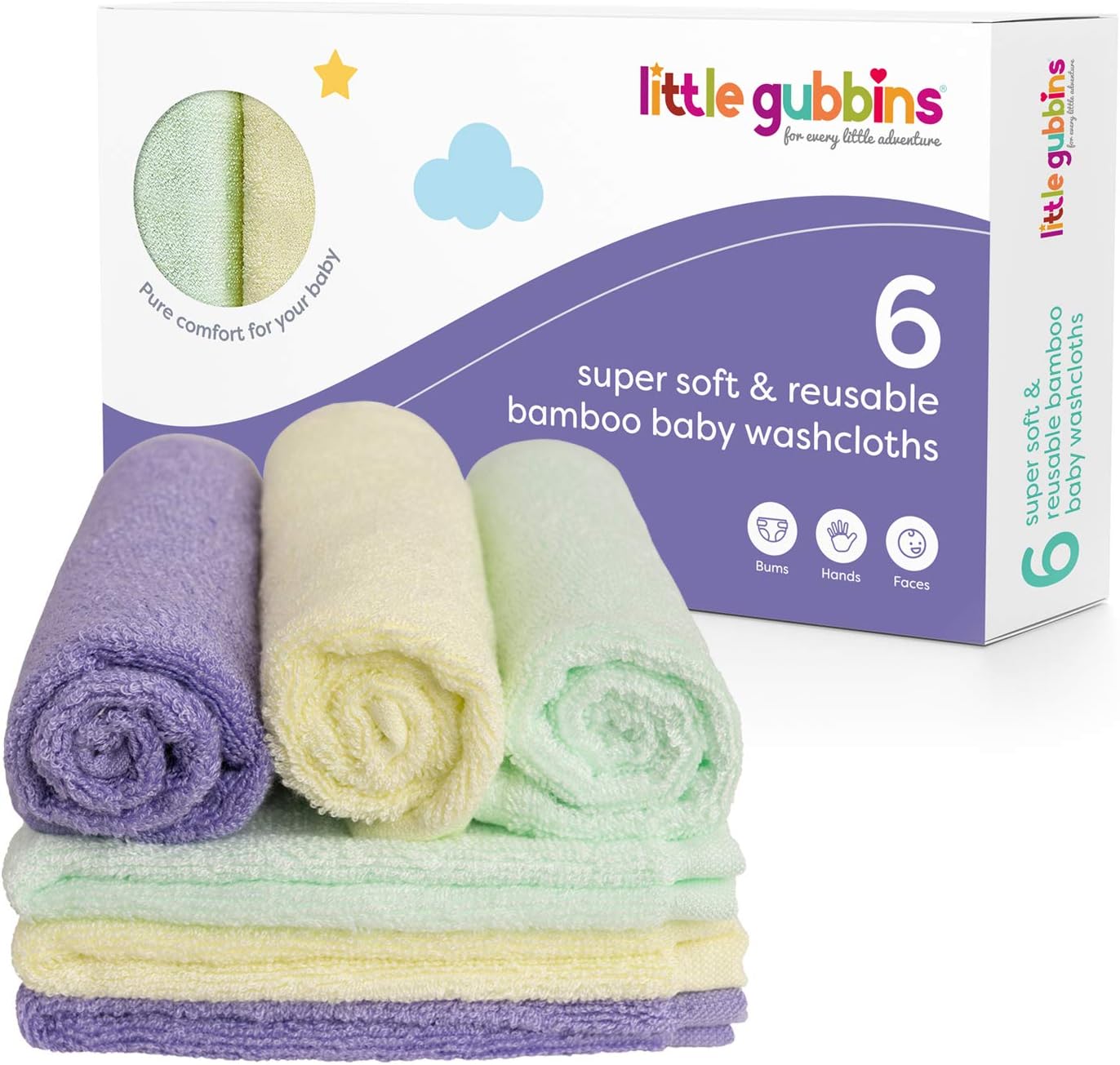 Little Gubbins 6 Bamboo Wash Cloths | Set of Premium Super Soft Absorbent Baby Towels 25 x 25cm | 100% Natural Bamboo | Perfect for Sensitive Skin