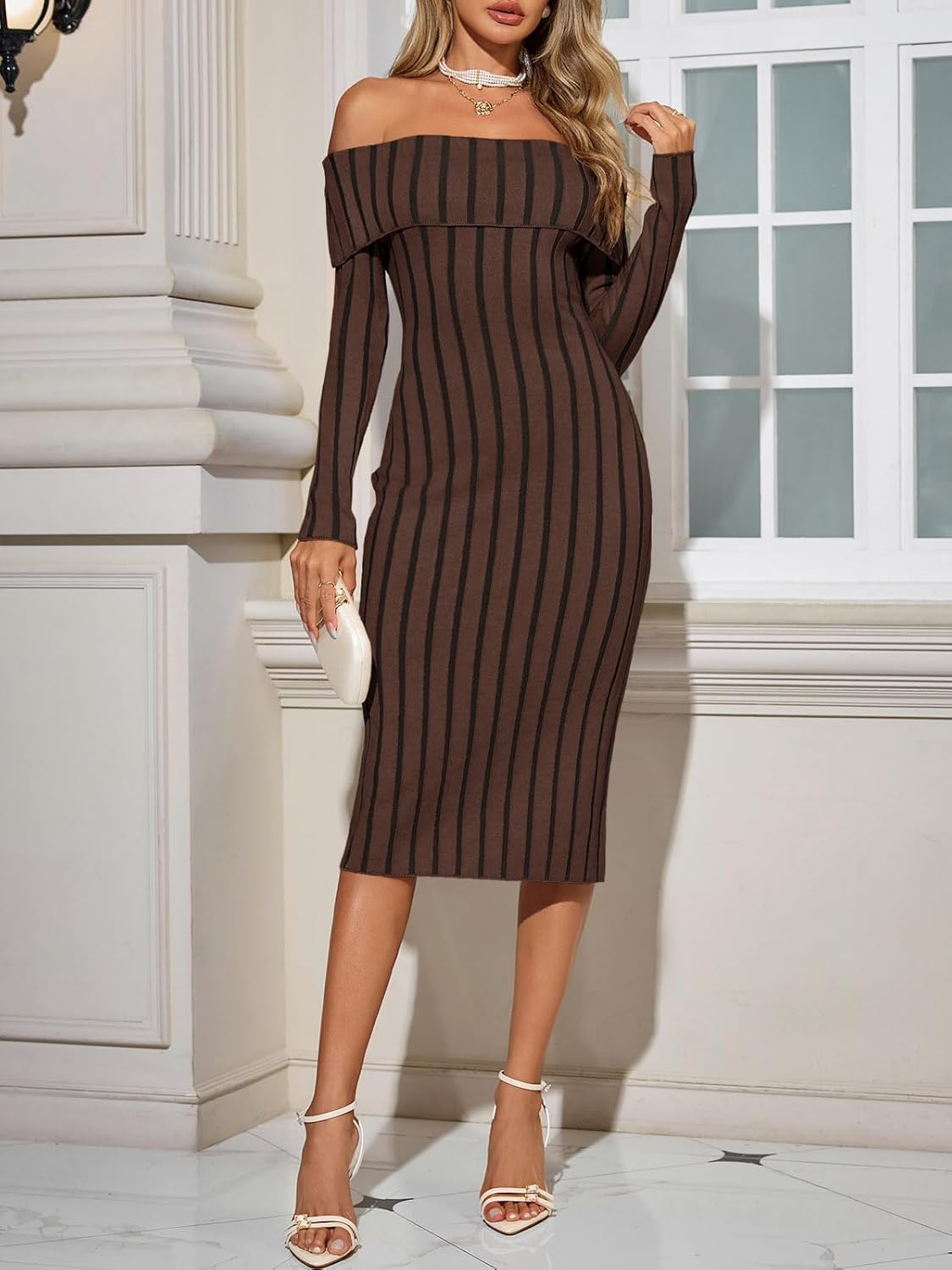 Saodimallsu Womens Off The Shoulder Midi Sweater Dress Long Sleeve Bodycon Elegant Ribbed Knit Formal Cocktail Party Dresses - Image 3