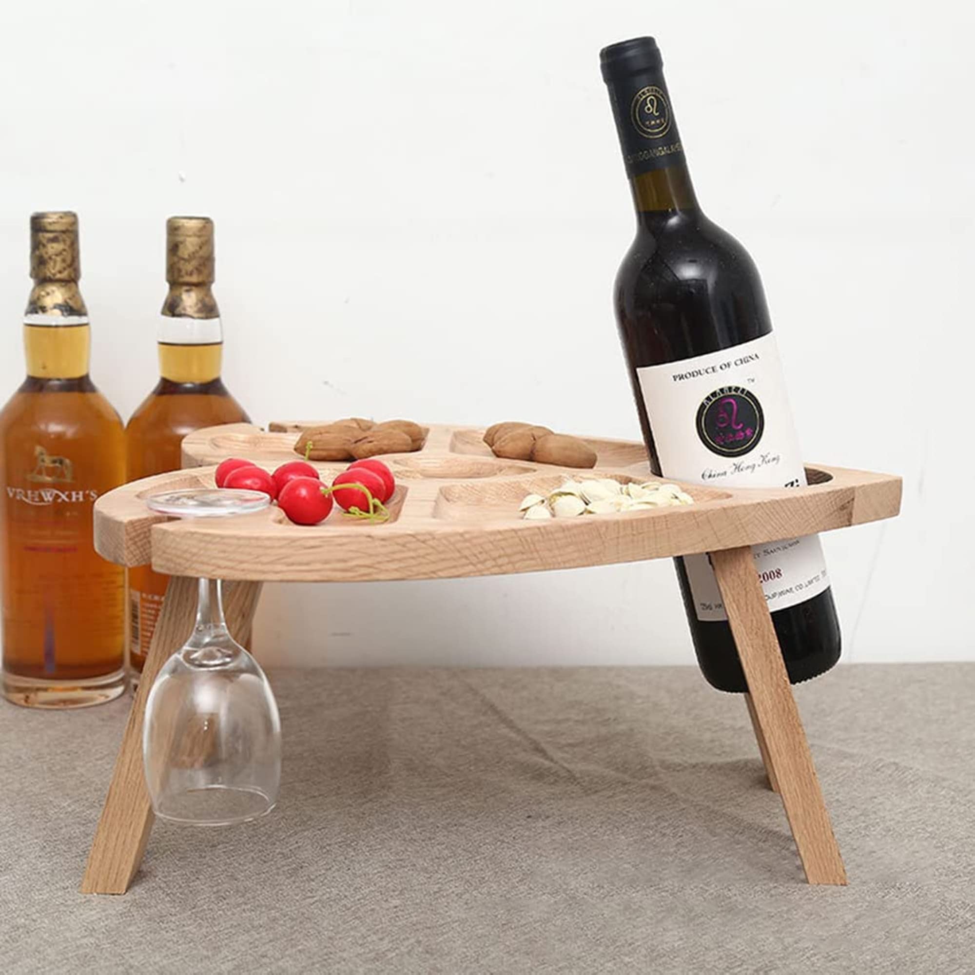 GWMWON Tragbarer Weintisch für den Außenbereich, 5 Fächer, Snack-Obst-Serviertablett, Holz-Weinregal-Organizer, 2 Weinglashalter, 1 Weinflaschenhalter, für Reisen, Camping