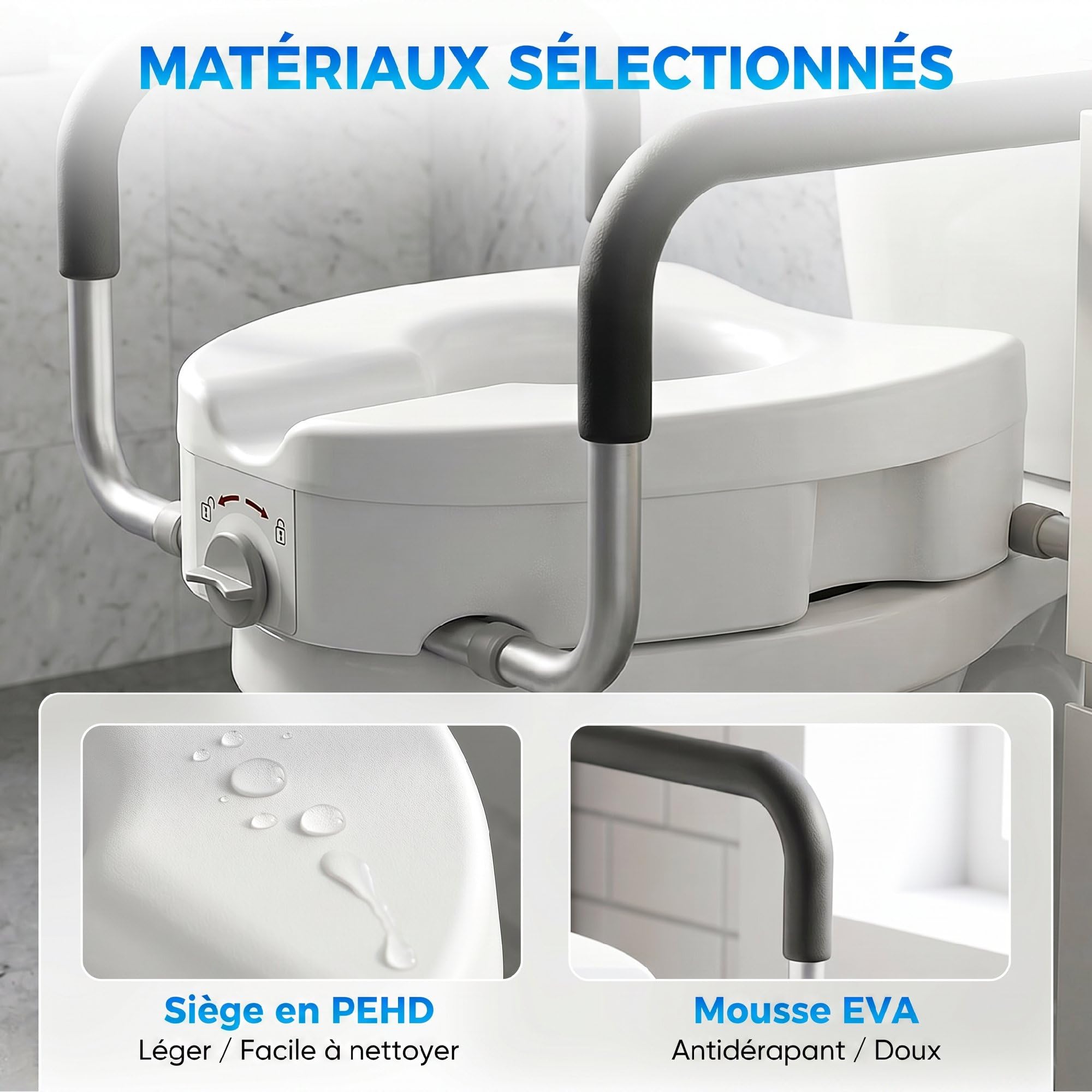 HOMCOM Rialzo sedile WC con maniglie, larghezza regolabile, braccioli imbottiti, installazione senza attrezzi, facile da montare, per anziani e convalescenti, bianco