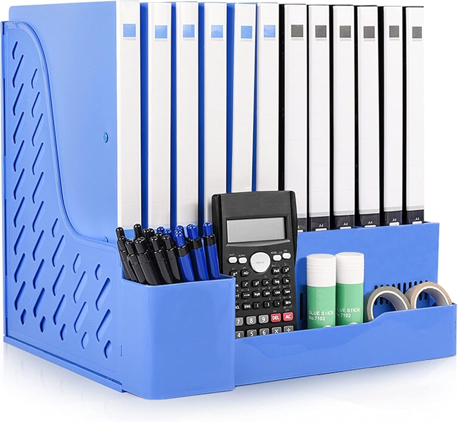 Elezeal Plastic A4 Magazine Holder, Sturdy File Organiser Desktop with Pen Holder, A4 Vertical Folder Rack File Divider Document Bookshelf File Sorter Office School Home (blue with pen holder)