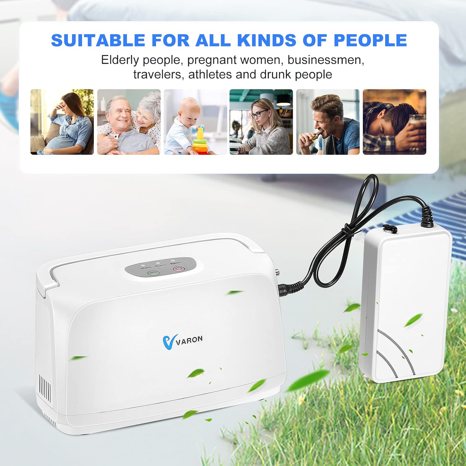 Image showing the compact size of the VARON oxygen generator compared to a laptop, highlighting its portability