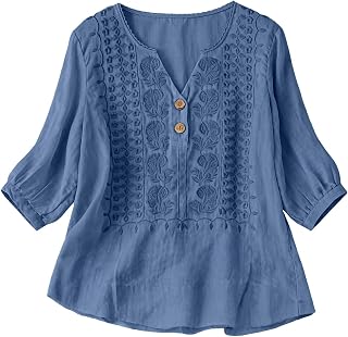Embroidered Cotton Linen Tops for Women 3/4 Sleeve Summer Boho Peasant Gauze Blouses Dressy Casual Bohemian Shirts