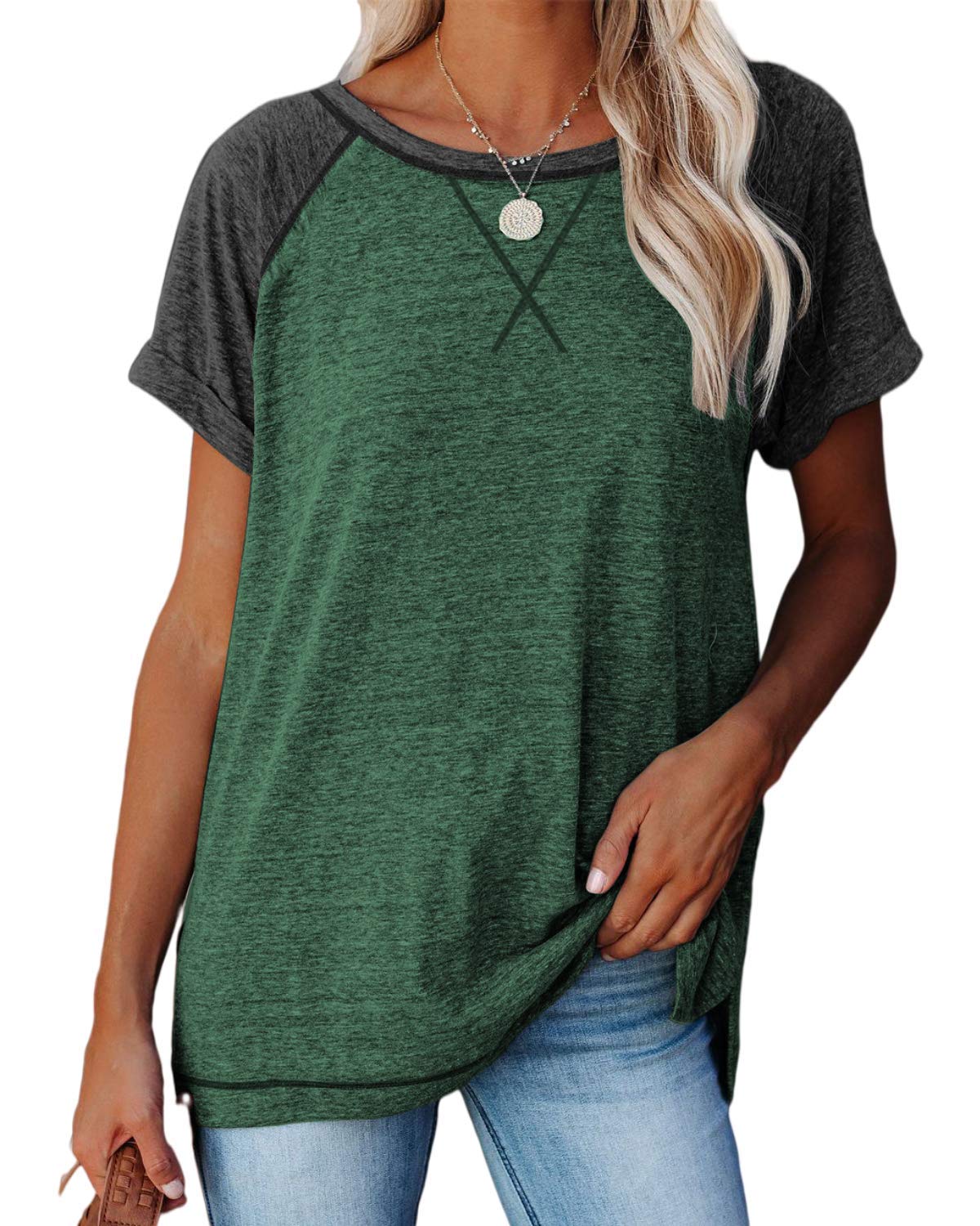 ayreusWomen's Casual Short Sleeve T Shirts Crewneck Raglan Tees Side Split Summer Tunic Tops