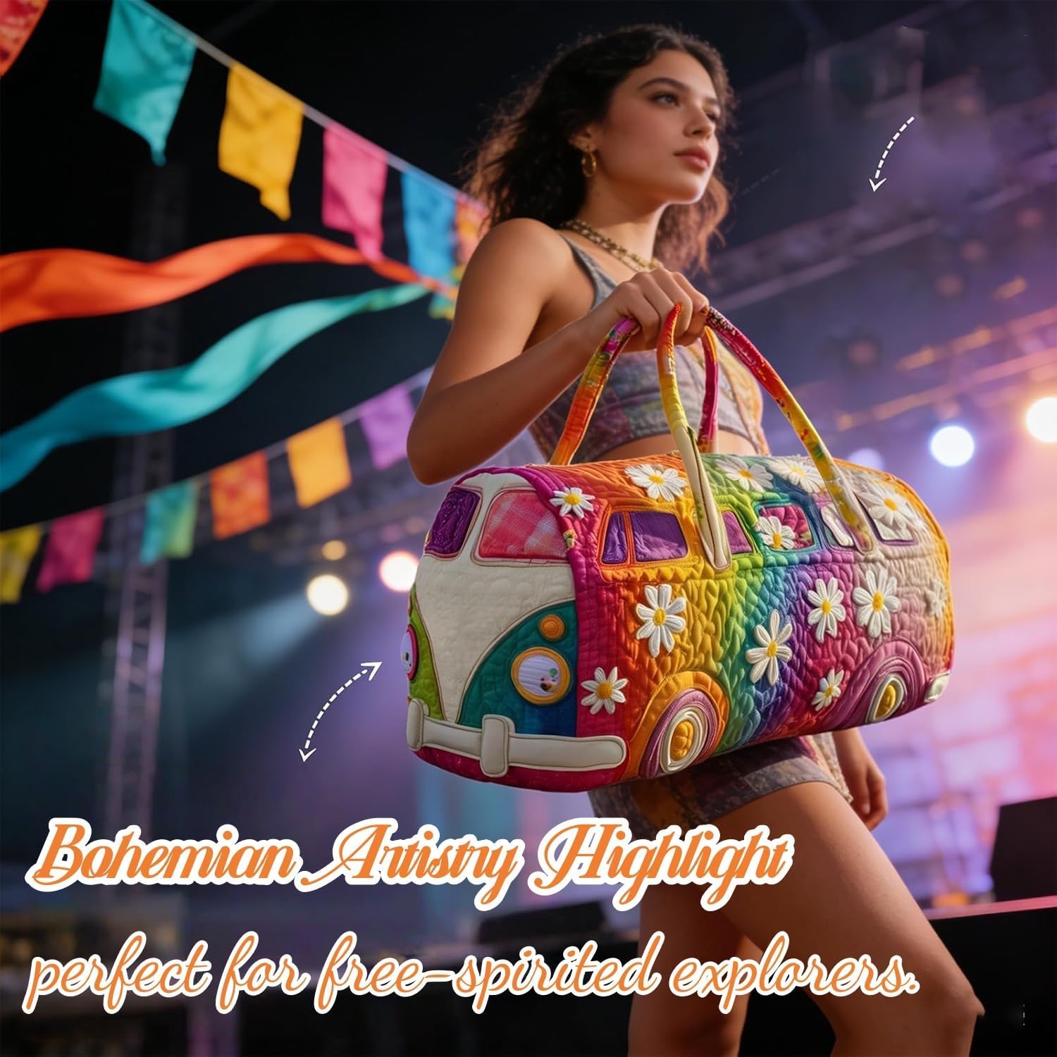 Hippie Van Quilted Duffle Bag,Boho Vintage Floral Weekender Travel Bag,Large Capacity Lightweight Gym Tote for Women (G) - 3