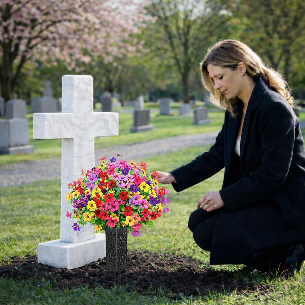 Cemetery Flowers for Grave with Vases, 2pcs Artificial Flowers Cemetery Decorations for Grave, Faux Bouquet Graveyard Memorial Flowers for Cemetery Decoration, Silk Funeral Floral Arrangements Flower